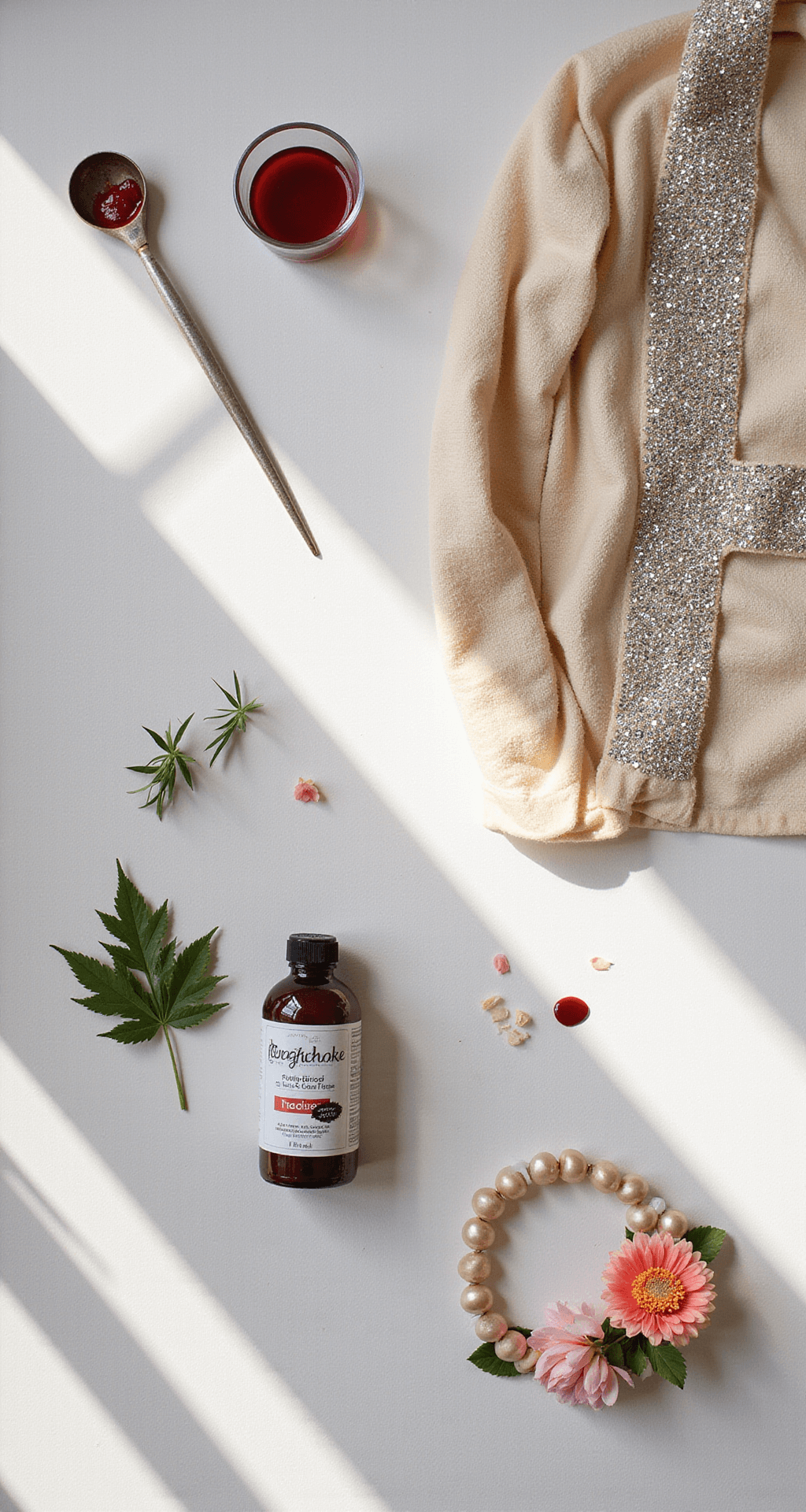 Nailing Your Carrie Halloween Costume (Without Breaking the Bank!) Flatlay of a contemporary craft room featuring a rhinestone-embellished shawl, craft supplies, fake blood ingredients, and flower corsage components, all arranged artistically in bright natural lighting to showcase the creative process and textures.