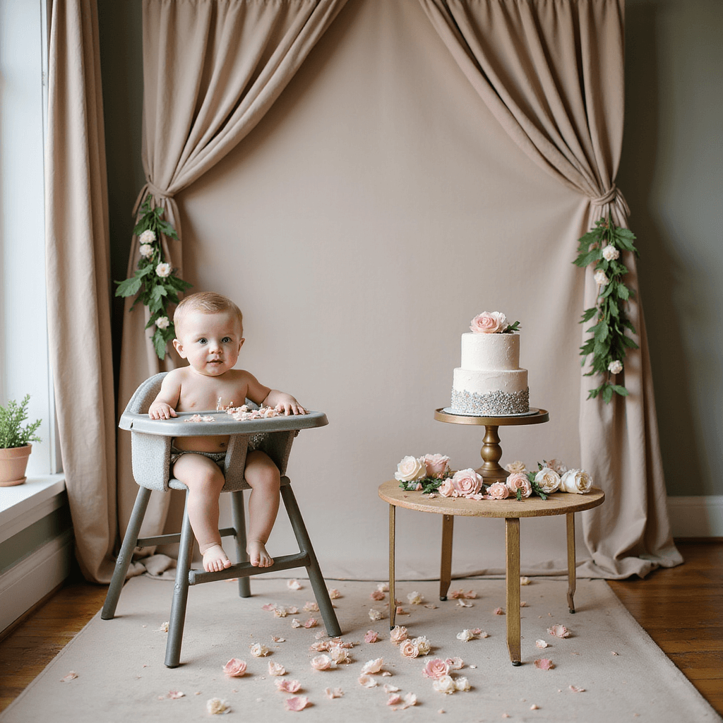 First Birthday Party Magic: The Ultimate Guide to Capturing Your Little One's Milestone Intimate portrait of a cake smash setup featuring a metallic high chair with a fabric garland, a petite smash cake on a gold stand, fresh blooms, and scattered rose petals, against a textured neutral backdrop with soft side lighting.