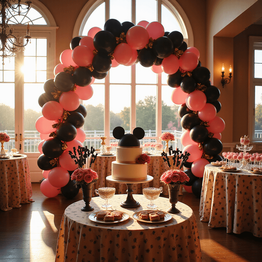 Magical Minnie Mouse Birthday Party: Your Ultimate Planning Guide A whimsical indoor ballroom decorated for a Minnie Mouse birthday party, featuring a grand pink and black balloon arch, round tables with polka dot linens, towering centerpieces with pink roses, and a statement dessert table with a 3-tier Minnie Mouse cake and glittering cake pops, all bathed in warm golden light.