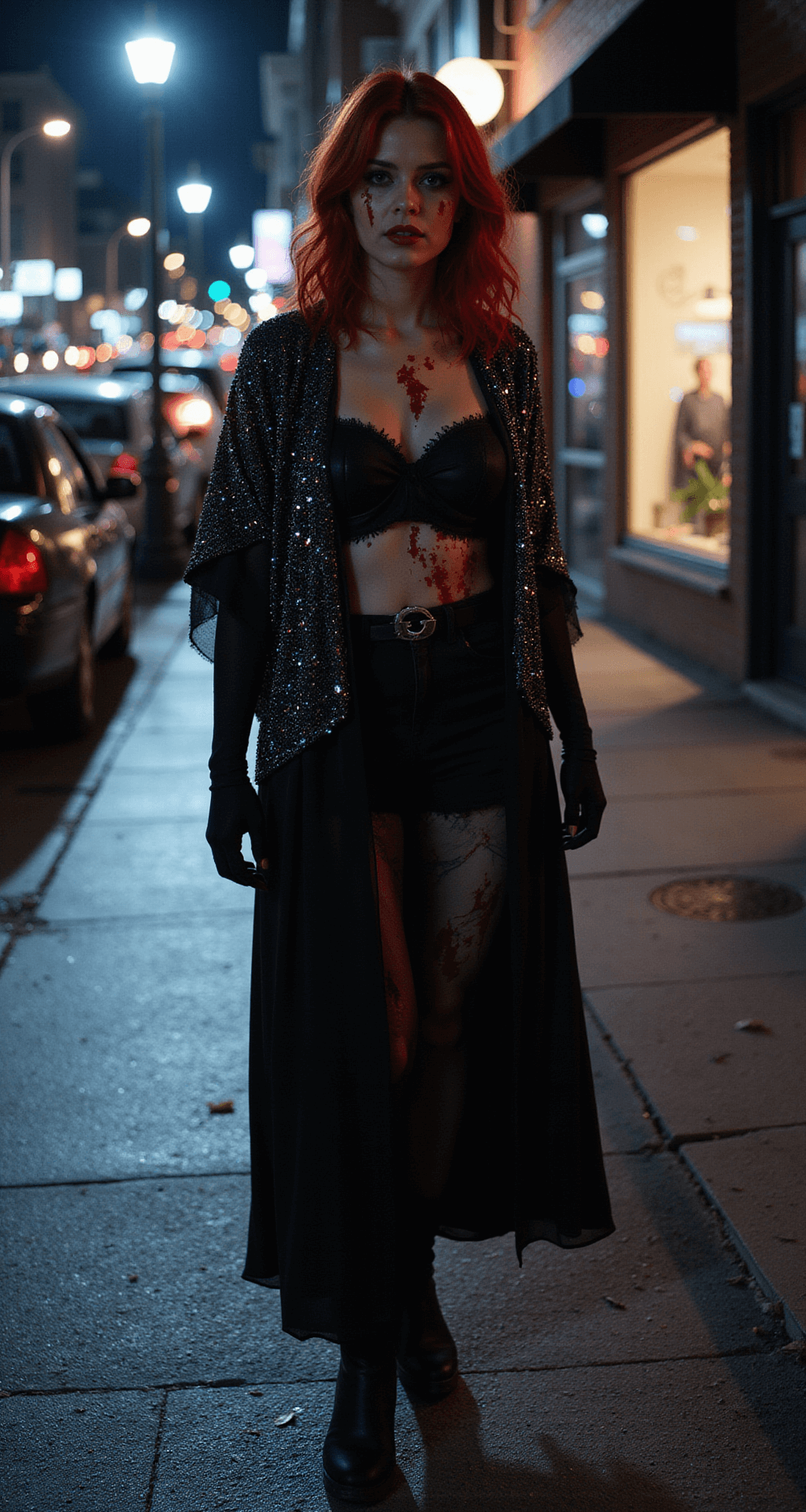Nailing Your Carrie Halloween Costume (Without Breaking the Bank!) Full-length shot of a person in a rhinestone Carrie costume with a sparkly shawl, dramatic blood effects, and stylish hair and makeup, set in an urban evening street scene outside a Halloween party with mood lighting.