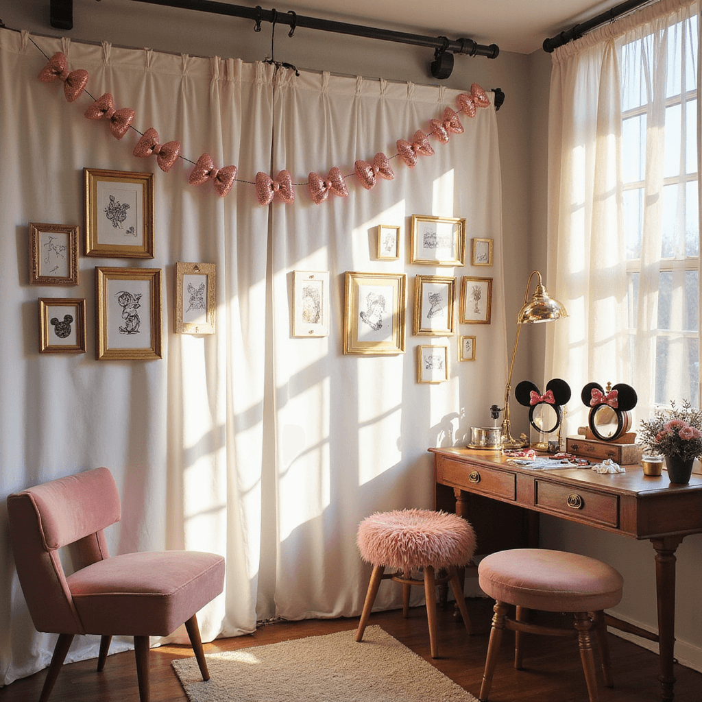 Magical Minnie Mouse Birthday Party: Your Ultimate Planning Guide A cozy photo booth corner illuminated by soft afternoon light, featuring a custom backdrop of pink bow garlands and metallic Minnie silhouettes, framed by sheer white drapes and vintage gold frames with Disney artwork, alongside a props station with plush seats and a vintage vanity displaying character ears and accessories.