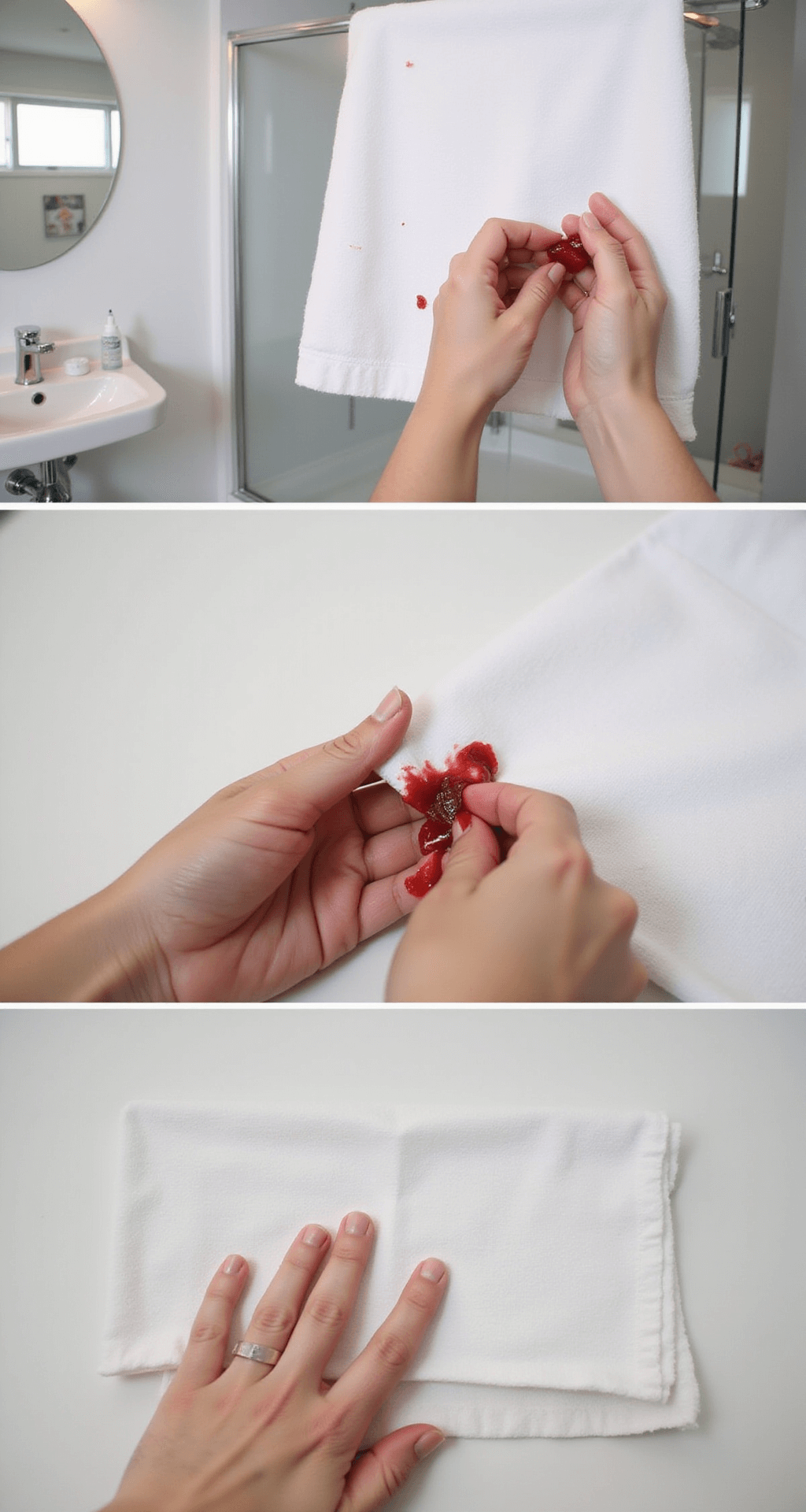 Nailing Your Carrie Halloween Costume (Without Breaking the Bank!) Bright, minimalist bathroom with professional lighting showing a step-by-step demonstration of fake blood application on a white fabric swatch, featuring close-up details of consistency and method, captured in clean, instructional-style photography.