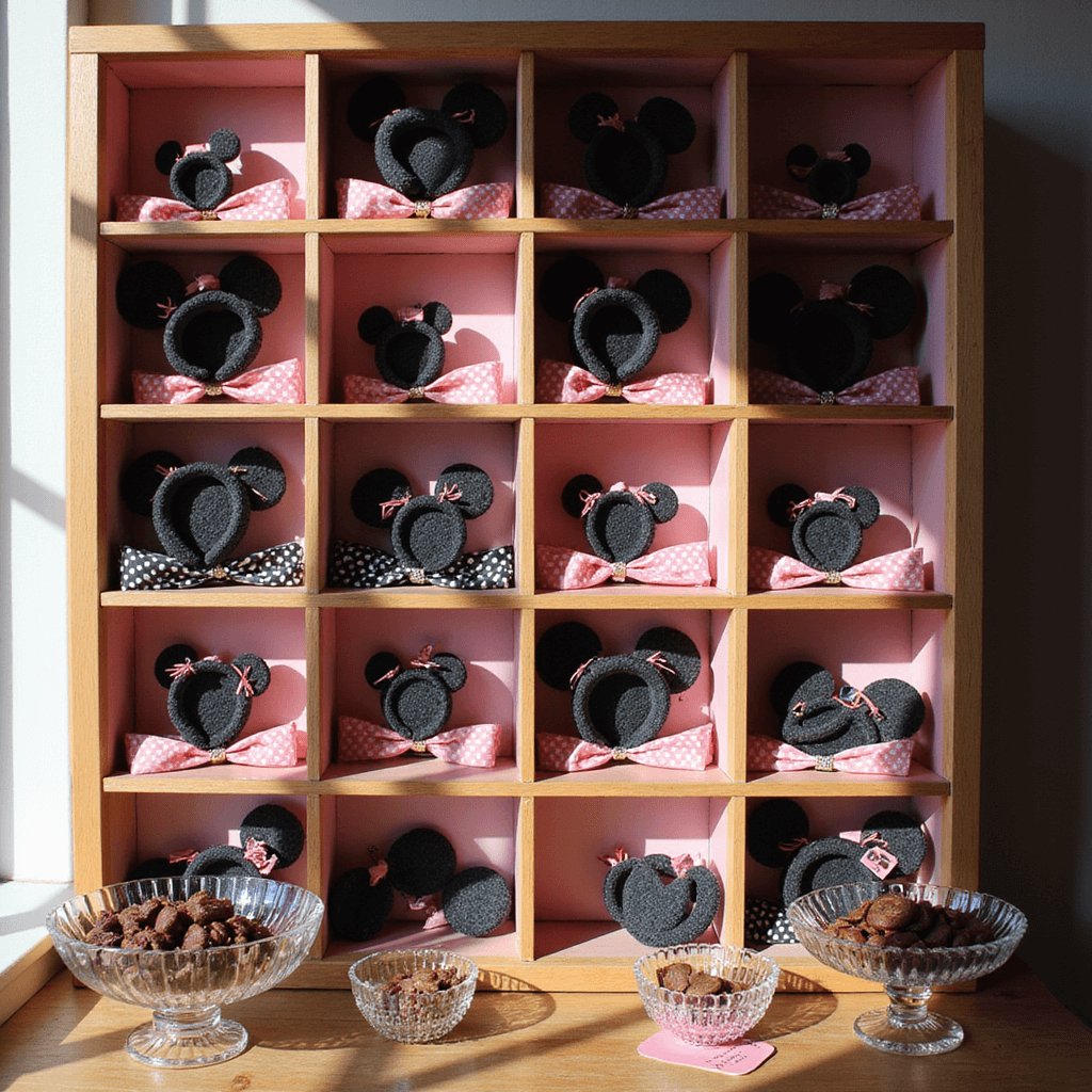 Magical Minnie Mouse Birthday Party: Your Ultimate Planning Guide Close-up of a sunlit party favor display featuring a custom wooden shelving unit with black and pink color-blocked sections, showcasing polka dot-wrapped favor boxes, handmade Minnie ear headbands arranged in graduated heights, crystal bowls of chocolate treats, and personalized gift tags.