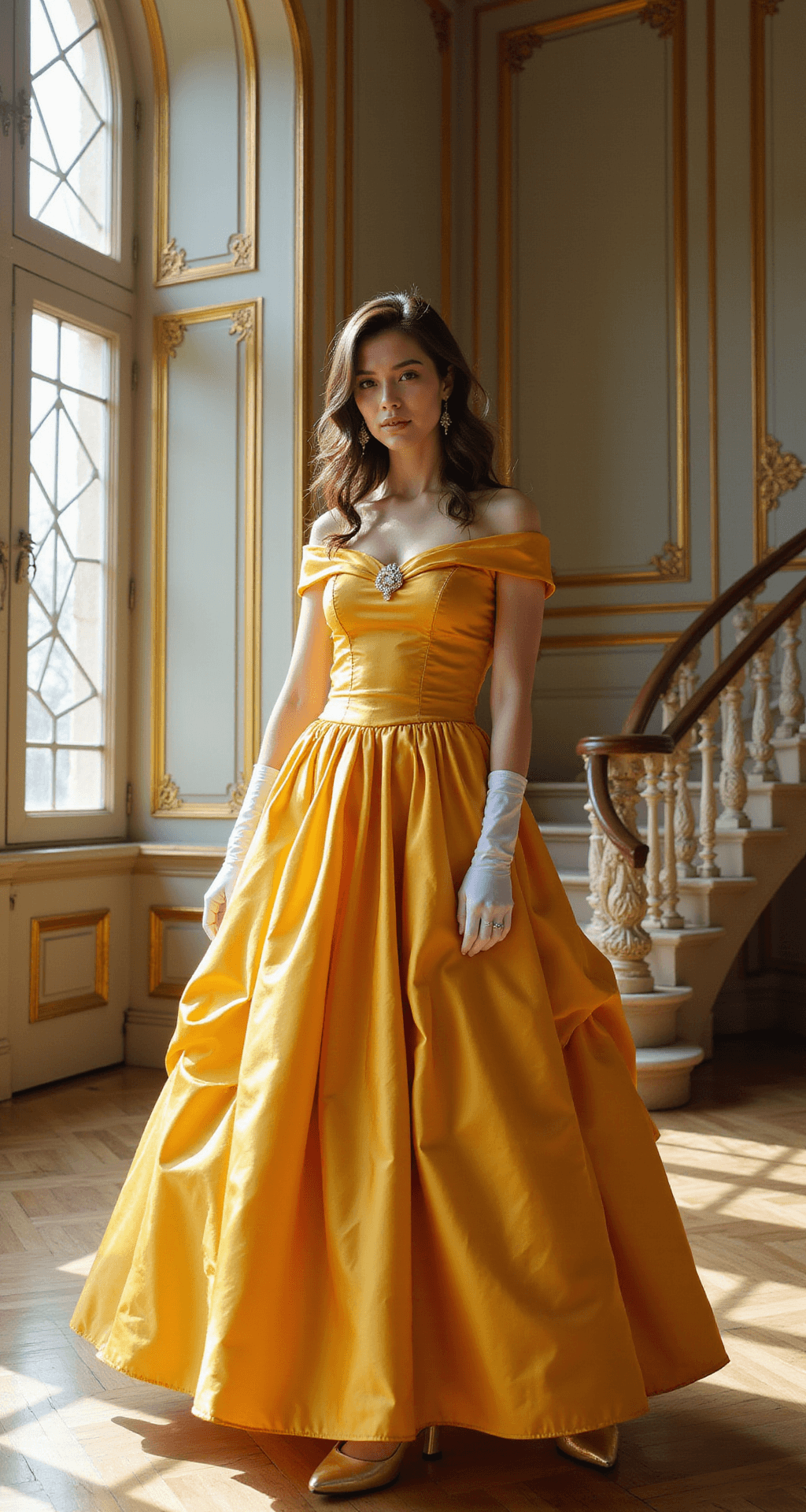 The Ultimate Guide to Rocking a Belle Halloween Costume (That'd Make Even Gaston Jealous!) A model poses in a stunning marigold yellow ball gown with intricate detailing inside a sunlit castle ballroom, highlighting her elegant look with a grand staircase in the backdrop. Soft lighting enhances the ethereal atmosphere.