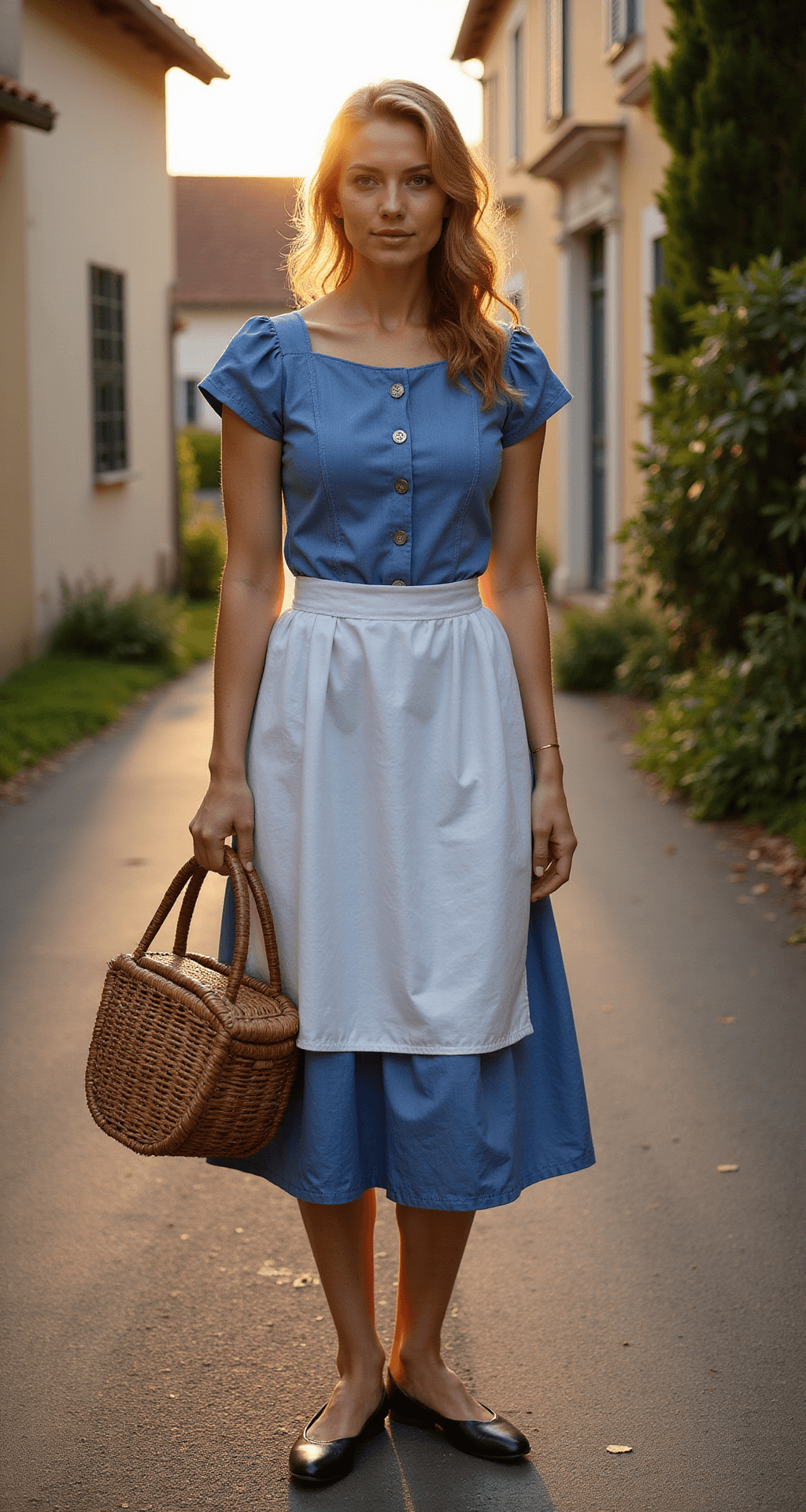 The Ultimate Guide to Rocking a Belle Halloween Costume (That'd Make Even Gaston Jealous!) A model in a blue cotton dress with cap sleeves and a white apron stands on a charming French provincial village street at golden hour, complemented by black leather flats and a woven basket, with warm lighting enhancing the scene's simplicity and practicality.