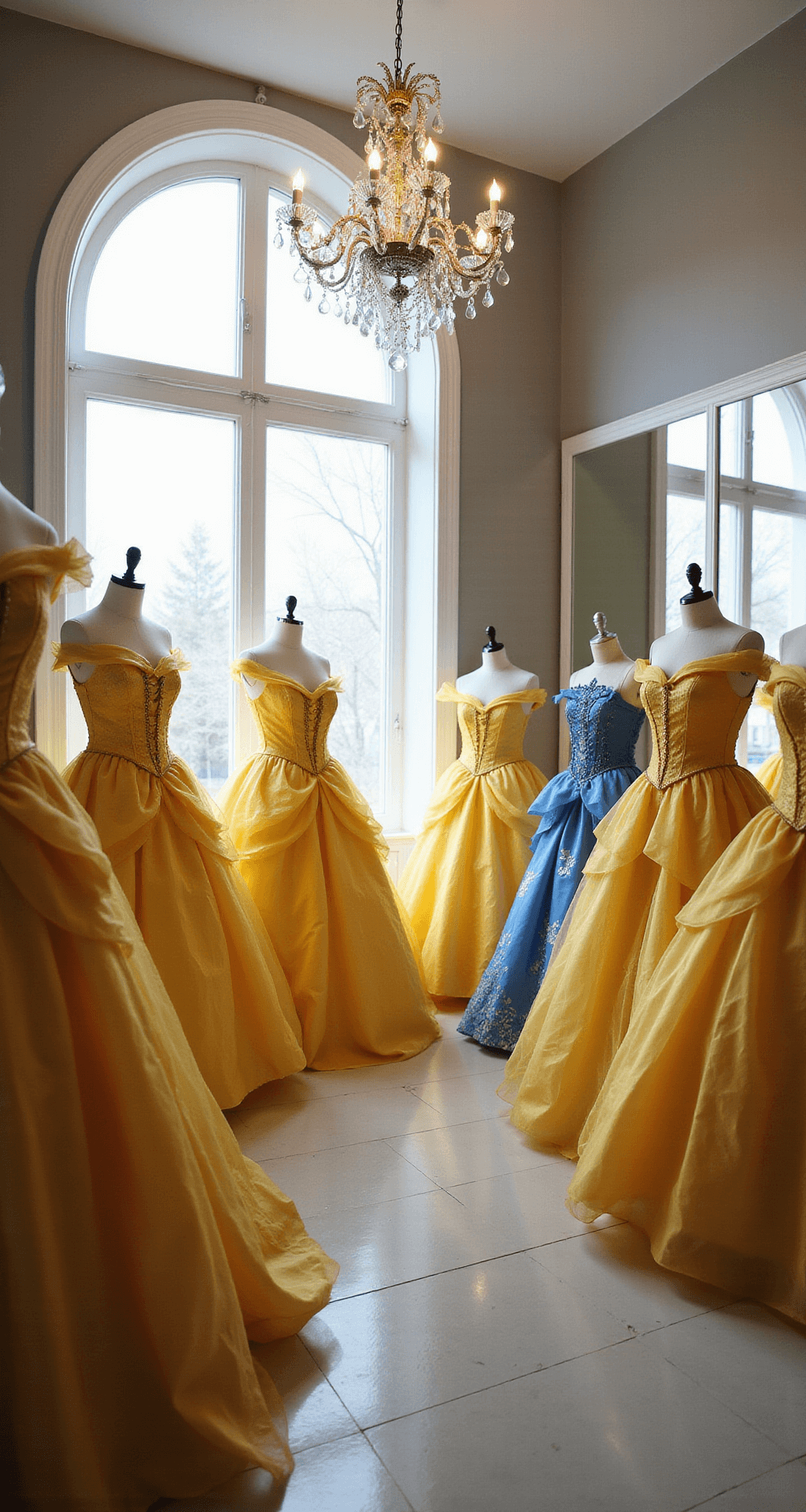 The Ultimate Guide to Rocking a Belle Halloween Costume (That'd Make Even Gaston Jealous!) Bright boutique dressing room featuring floor-length mirrors and a crystal chandelier, showcasing various Belle costumes on elegant mannequins in inclusive sizes. Soft lighting enhances the rich colors and high-quality fabrics.