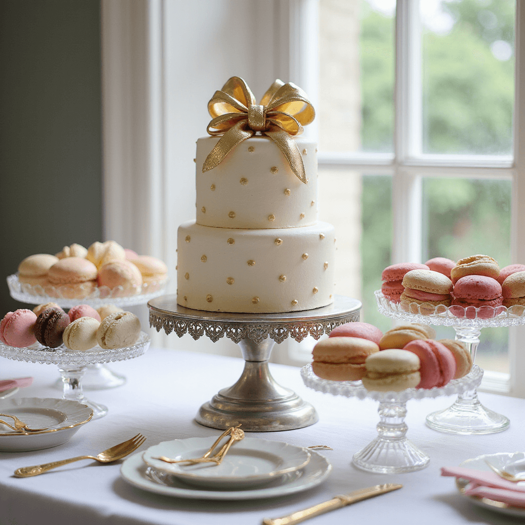 Magical Minnie Mouse Birthday Party: Your Ultimate Planning Guide Detailed shot of an elegant dessert station featuring a three-tiered white fondant cake with hand-painted polka dots and a gold bow on an antique silver cake stand, surrounded by ombré pink petit fours and macarons, presented on crystal cake plates with gold cutlery, captured in natural window light to highlight texture.