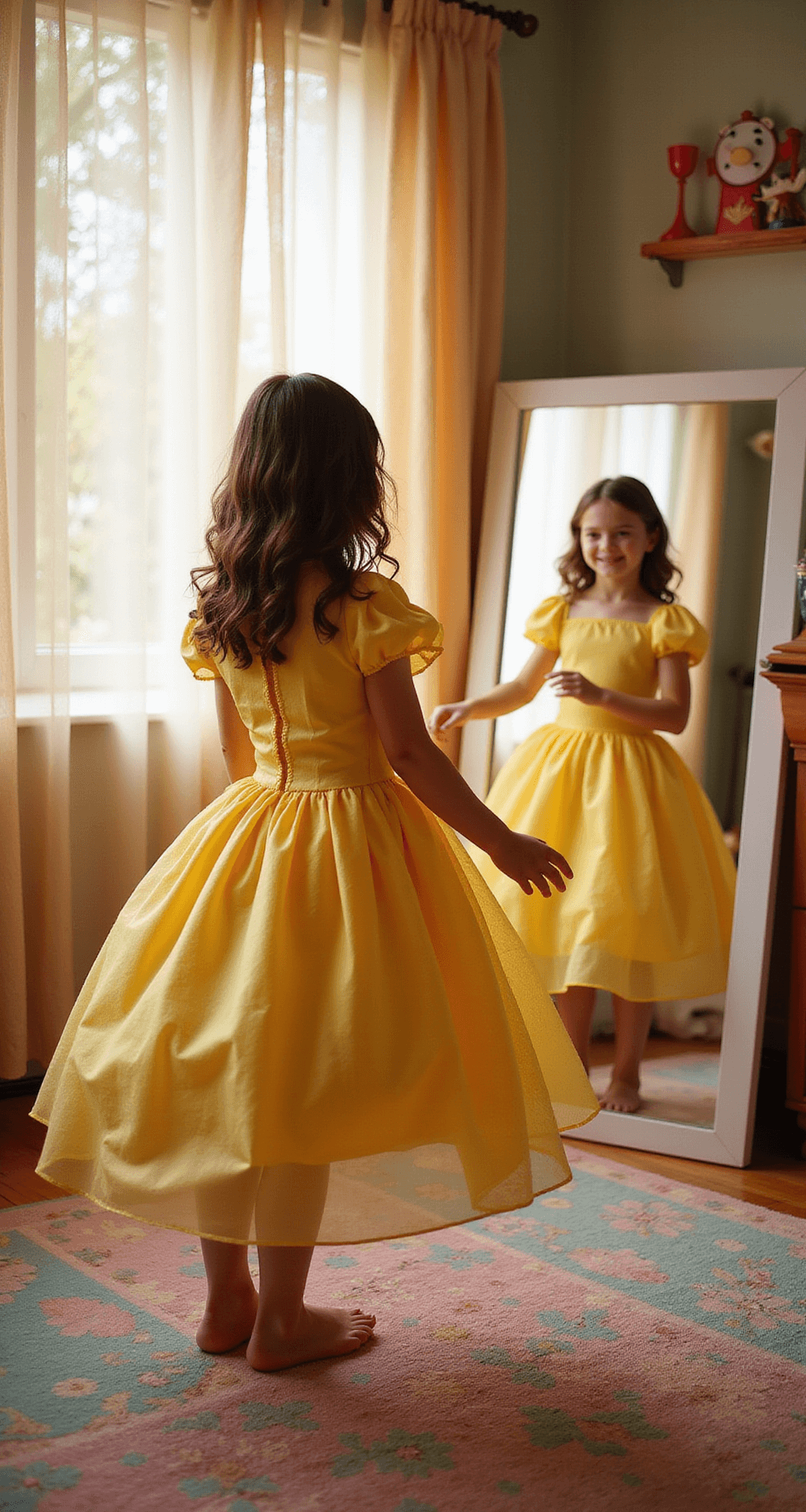The Ultimate Guide to Rocking a Belle Halloween Costume (That'd Make Even Gaston Jealous!) A young girl joyfully twirls in front of a full-length mirror, wearing a miniature version of Belle's village dress in a cheerful children's bedroom decorated with whimsical Disney themes, as warm afternoon light filters through sheer curtains.