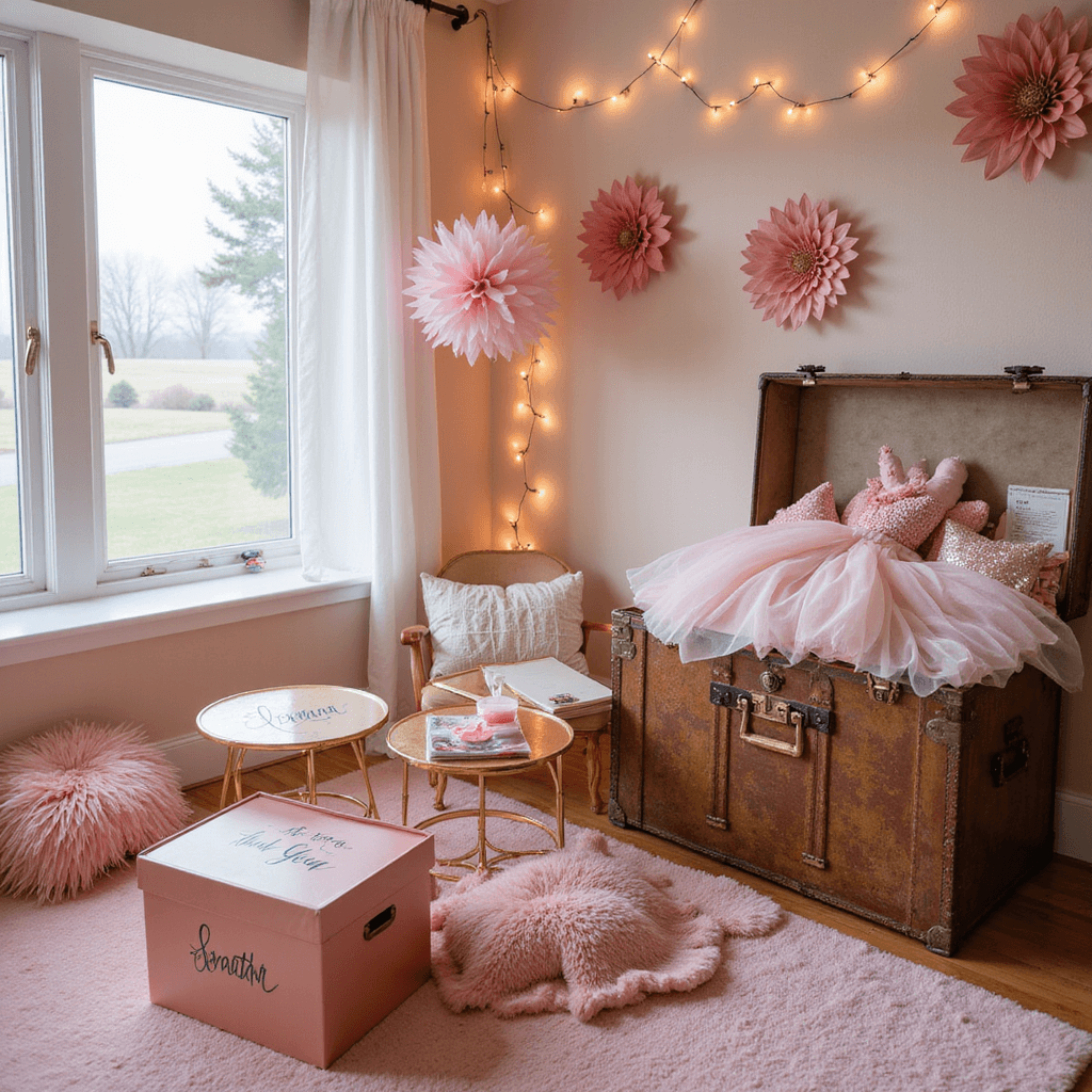 Magical Minnie Mouse Birthday Party: Your Ultimate Planning Guide Cozy activity corner at magic hour with rose gold tables, pink floor cushions, custom craft boxes featuring Disney-themed supplies, oversized paper flowers, string lights, and a vintage dress-up trunk full of tulle and sparkly accessories.