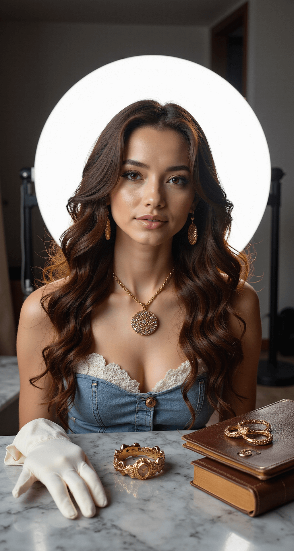 The Ultimate Guide to Rocking a Belle Halloween Costume (That'd Make Even Gaston Jealous!) Close-up of a professional makeup station featuring Hollywood-style lighting, showcasing Belle transformation accessories including a luxurious brunette curly wig, delicate white gloves, a vintage leather-bound book, and golden accessories, all artfully arranged on a marble counter with fine details captured by a macro lens.