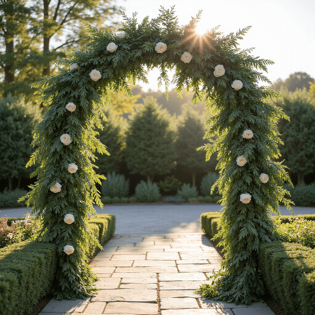 Green Wedding Flowers: Your Ultimate Guide to Natural, Stunning Celebrations A sunlit wedding ceremony arch draped in eucalyptus, ferns, and smilax vine, featuring white garden roses, surrounded by a manicured garden at golden hour.