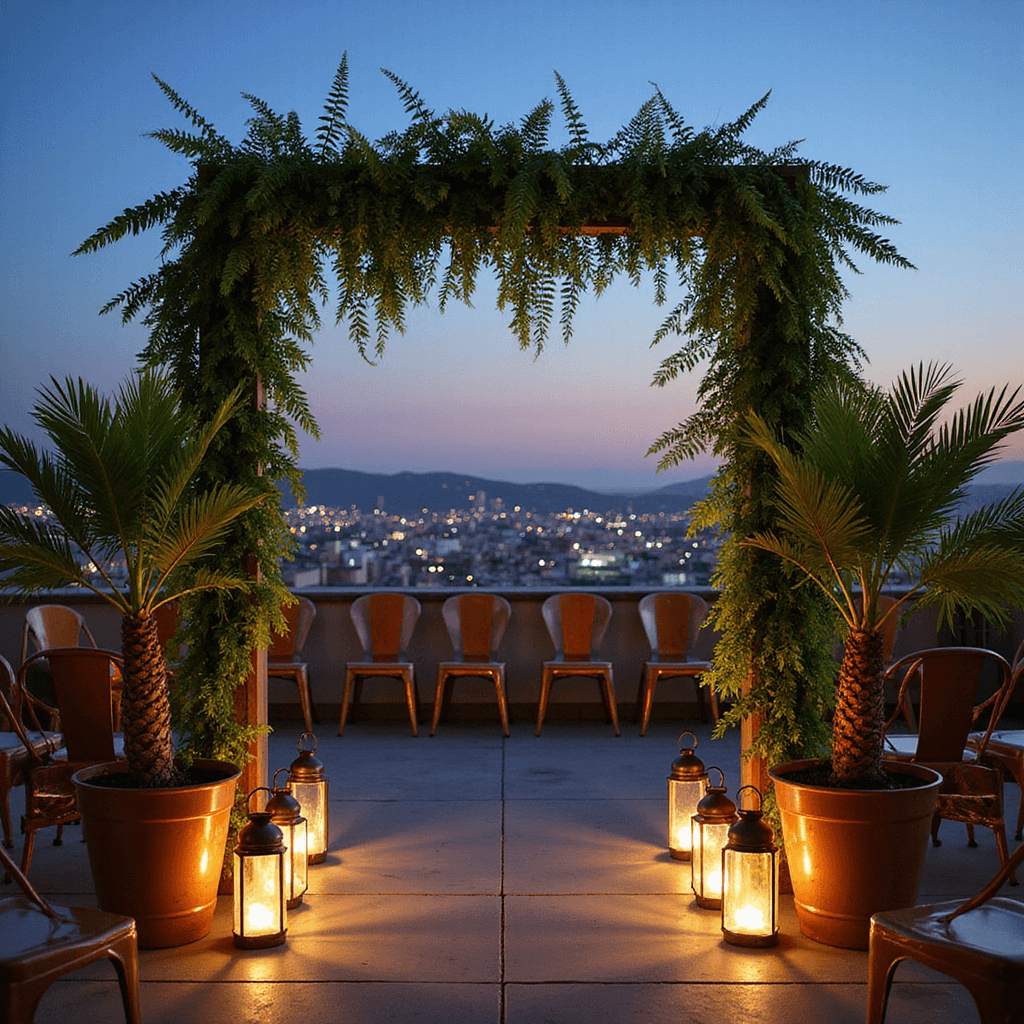 Green Wedding Flowers: Your Ultimate Guide to Natural, Stunning Celebrations A twilight rooftop ceremony setup with a modern geometric arch adorned with cascading green amaranthus, sword ferns, and Italian ruscus, flanked by metallic copper chairs and potted palm trees. Glowing lanterns line the aisle, while city lights twinkle in the background, and uplighting highlights the lush greenery.
