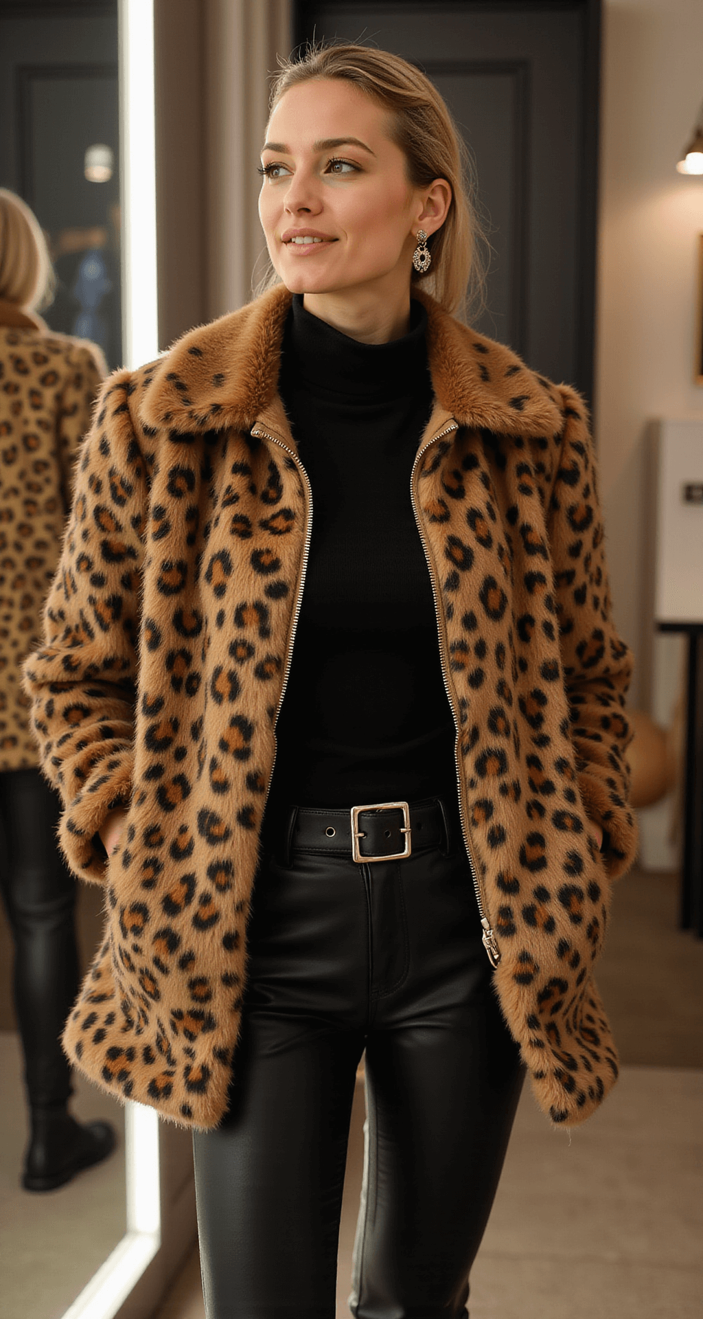 The Ultimate Guide to Rocking a Fierce Leopard Halloween Costume (That Actually Looks Good!) A woman in a chic boutique fitting room layers a cozy leopard print jacket over a black turtleneck and leather leggings, illuminated by soft LED lighting. The jacket showcases faux fur in caramel and ebony tones, highlighted by metallic accents and reflected in a full-length mirror.