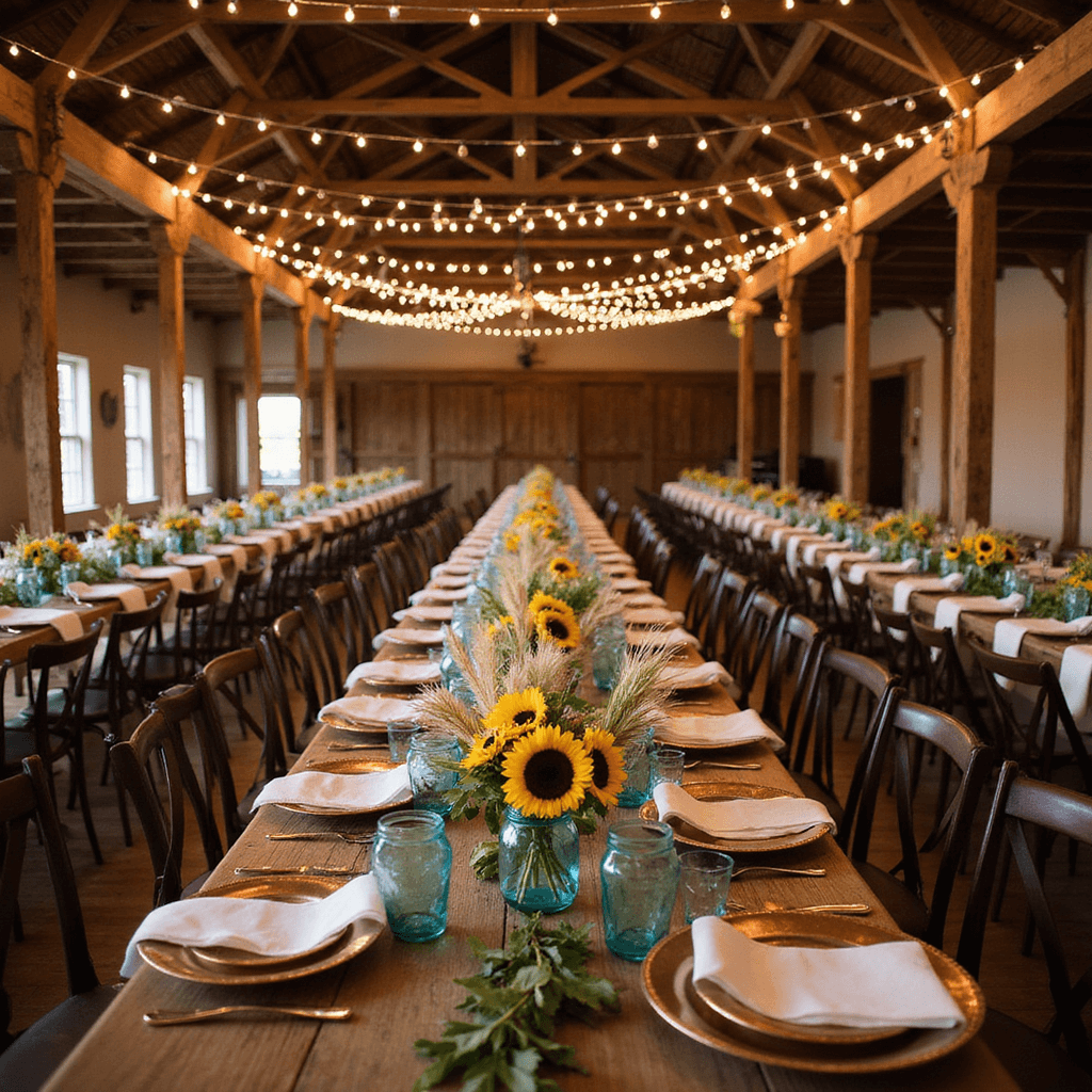 August Wedding Flowers: Your Ultimate Guide to Stunning Summer Blooms An intimate barn reception featuring long wooden harvest tables with sunflower and wheat garlands, vintage blue mason jars with casual bouquets, copper chargers, and ivory linens, all illuminated by twinkle lights and draped fairy lights above.