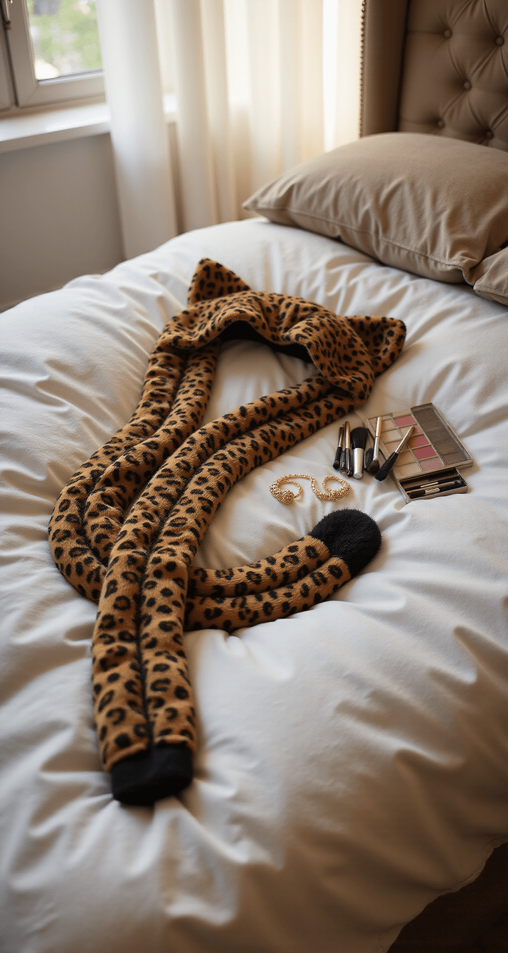 The Ultimate Guide to Rocking a Fierce Leopard Halloween Costume (That Actually Looks Good!) Close-up of leopard costume accessories on a white duvet, including velvet cat ears, a long spotted tail, matching gloves, gold-toned jewelry, and a makeup palette with brushes, all bathed in warm evening light.