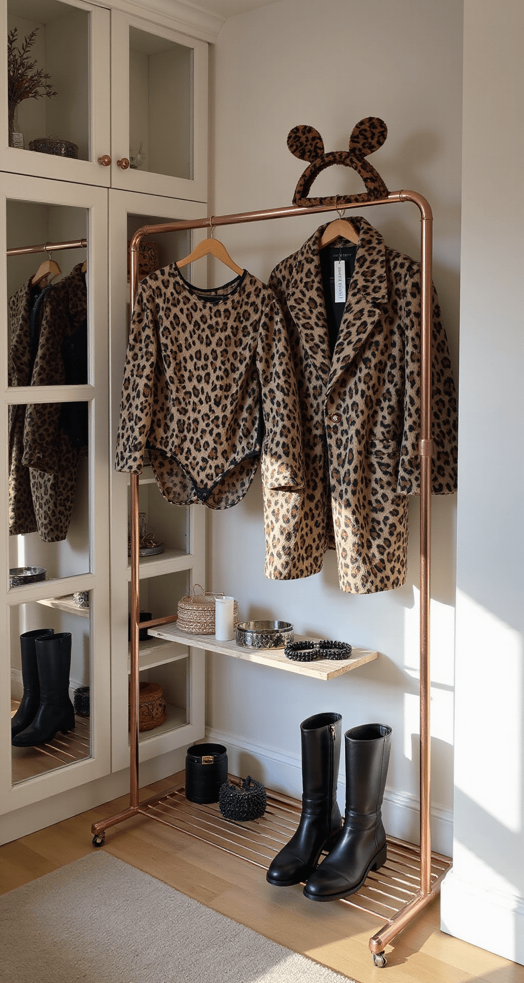 The Ultimate Guide to Rocking a Fierce Leopard Halloween Costume (That Actually Looks Good!) A stylish home dressing room illuminated by natural light, featuring custom built-in wardrobes and a rose gold clothing rack displaying a budget-friendly leopard costume ensemble, including a printed bodysuit, black pleather boots, spotted ears, and coordinating accessories, all with visible price tags under $50.