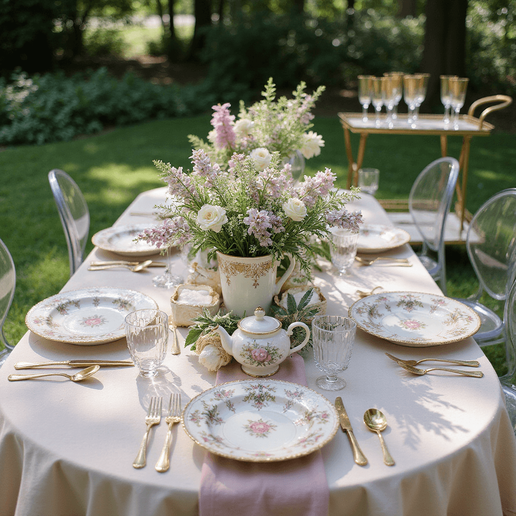 August Wedding Flowers: Your Ultimate Guide to Stunning Summer Blooms A whimsical garden brunch setting featuring scabiosa and Queen Anne's lace in antique teapots, vintage china mixed with modern acrylic ghost chairs, a champagne cart with gold-rimmed coupes, and soft morning light creating dappled shadows on a blush linen tablecloth, captured from above.