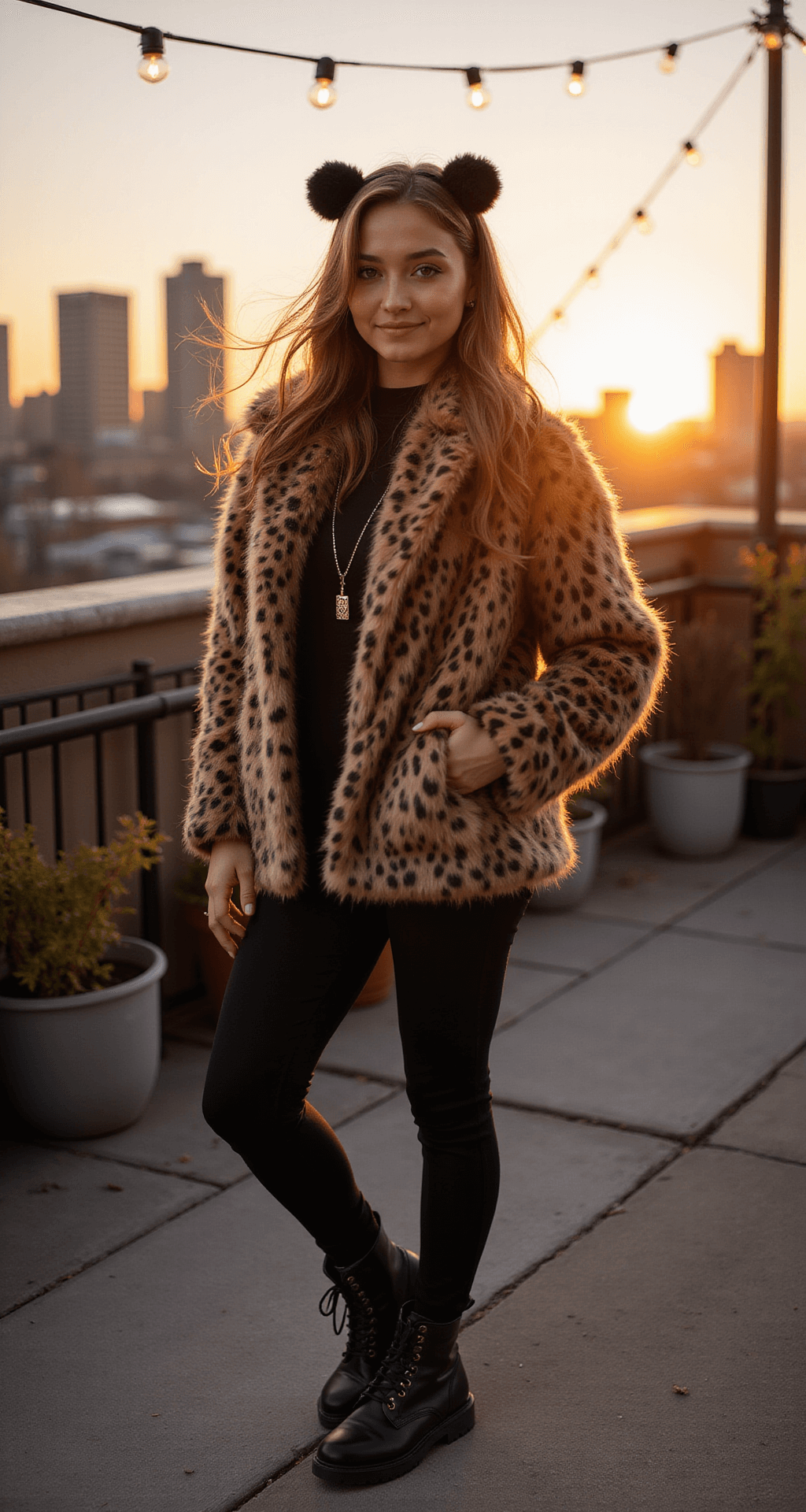 The Ultimate Guide to Rocking a Fierce Leopard Halloween Costume (That Actually Looks Good!) A woman in a leopard costume stands on a cozy autumn rooftop at sunset, surrounded by string lights, with the city skyline in the background. Her hair is gently lifted by the wind as she poses, wearing a spotted faux fur coat, black thermal leggings, and combat boots, with a matching ear headband.