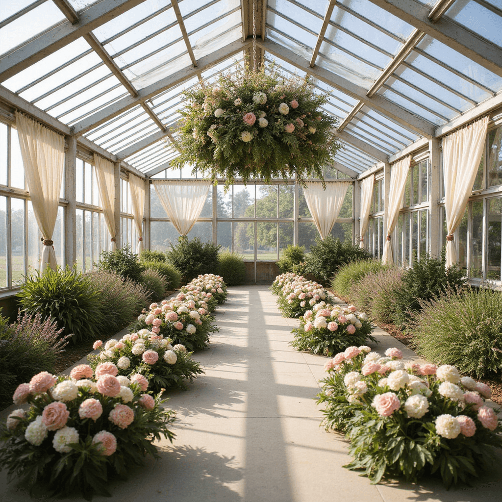 August Wedding Flowers: Your Ultimate Guide to Stunning Summer Blooms A wide-angle view of a greenhouse ceremony space adorned with hybrid flower arrangements of luxurious hydrangeas and local wildflowers, illuminated by natural light streaming through glass panels, with sheer ivory curtains and organic clusters of flowers lining the aisle toward a suspended floral installation.