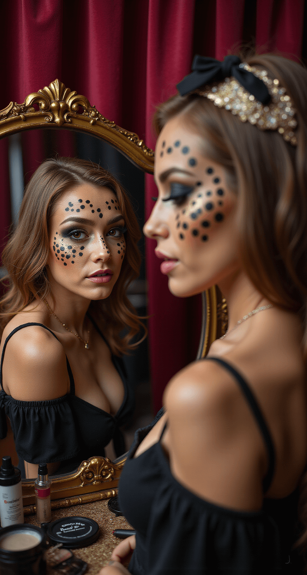 The Ultimate Guide to Rocking a Fierce Leopard Halloween Costume (That Actually Looks Good!) Close-up of a model's face showcasing professional leopard costume makeup with spotted pattern, dramatic cat eyes, and glitter highlights in a vintage-inspired boudoir setting featuring velvet curtains and ornate mirrors. High-end makeup products and costume accessories are visible on a vanity table.