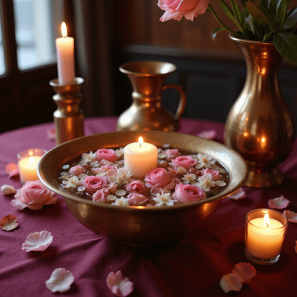 Indian Wedding Floral Photography: A Comprehensive Guide to Capturing Stunning Ceremonial Blooms Intimate table setting with a brass urli filled with floating pink roses and white jasmine, illuminated by warm candlelight, set on a rich burgundy silk tablecloth, featuring traditional copper vessels and scattered rose petals.