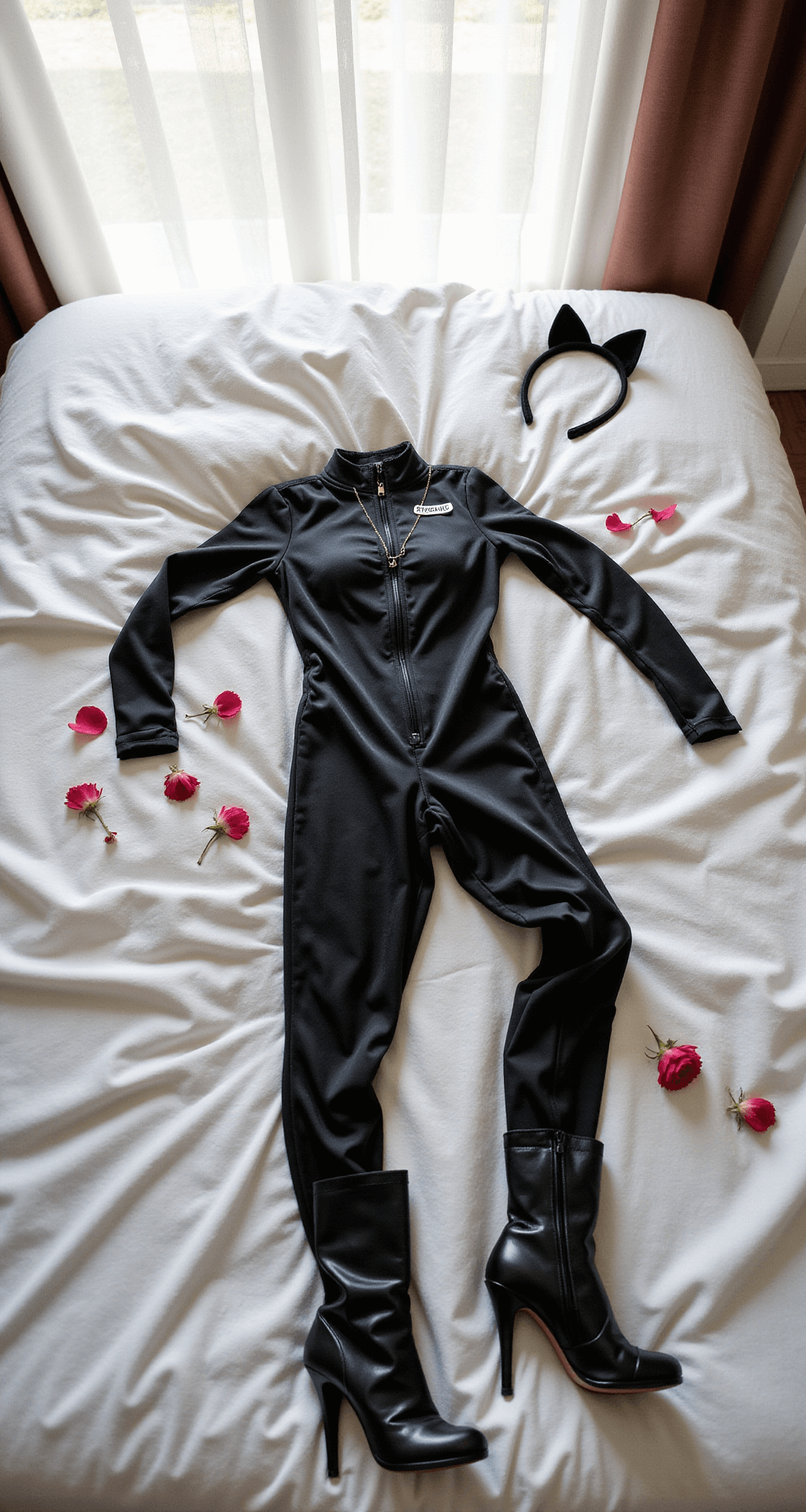 The Ultimate Guide to Rocking a Mean Girls Halloween Costume Bright bedroom with natural light featuring a black cat costume on a white duvet, styled with glossy boots, cat ears, a silver nameplate necklace, and scattered rose petals, captured from above.