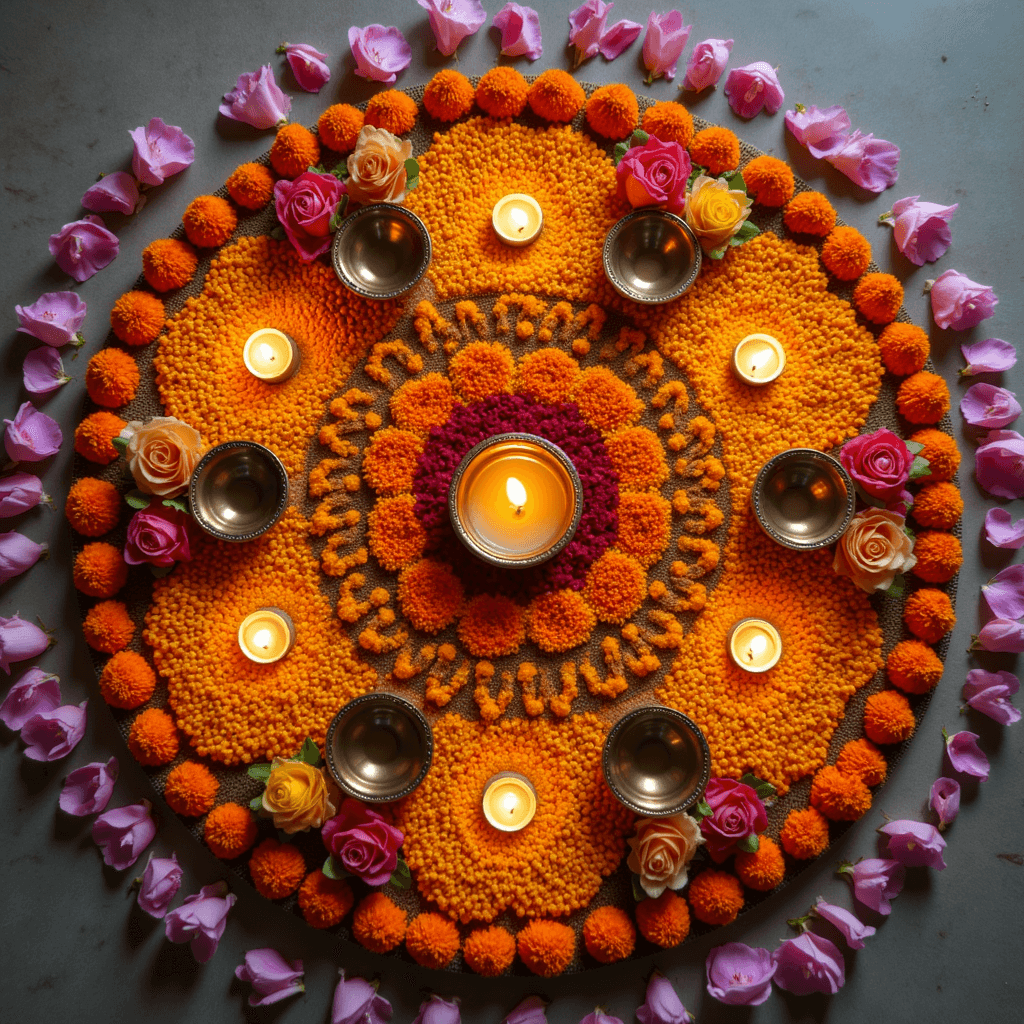 Indian Wedding Floral Photography: A Comprehensive Guide to Capturing Stunning Ceremonial Blooms Overhead flat lay of a traditional Indian wedding altar featuring a geometric rangoli made of marigold petals, brass diyas with floating candles, scattered rose petals, and orchid blooms, all illuminated by soft morning light.