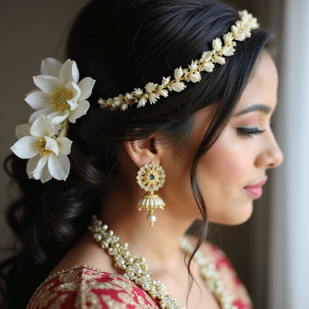 Indian Wedding Floral Photography: A Comprehensive Guide to Capturing Stunning Ceremonial Blooms Close-up of a bride's floral jewelry featuring jasmine buds woven into a traditional gajra, captured with shallow depth of field, showcasing intricate patterns against her dark hair, with natural daylight highlighting the white petals and subtle golden accents from her jewelry.