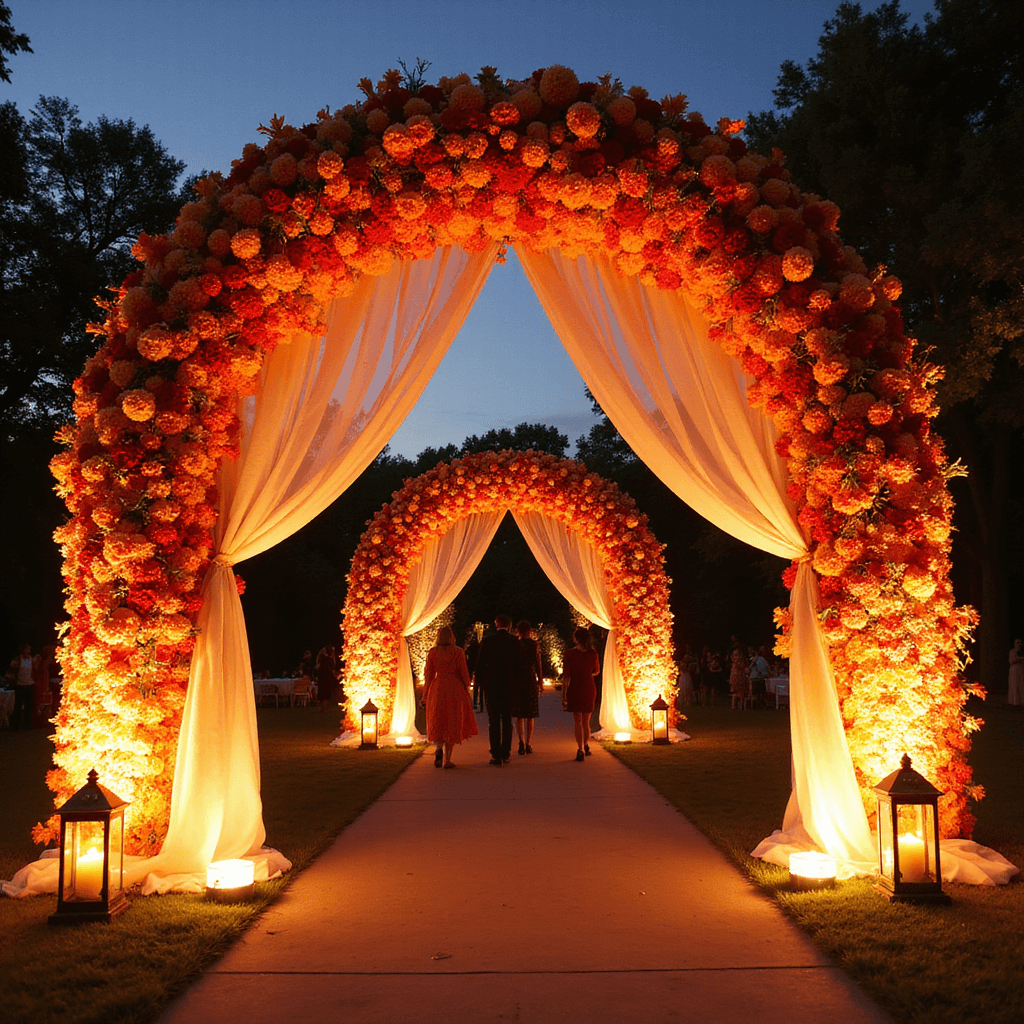 Indian Wedding Floral Photography: A Comprehensive Guide to Capturing Stunning Ceremonial Blooms Wide-angle view of a flower-covered entrance arch at dusk, featuring an ombré of marigold and rose blooms from deep red to sunny orange, illuminated by warm spotlights. Sheer drapery panels sway in the breeze, and brass lanterns provide a romantic glow, with guests walking through, adding scale and movement.