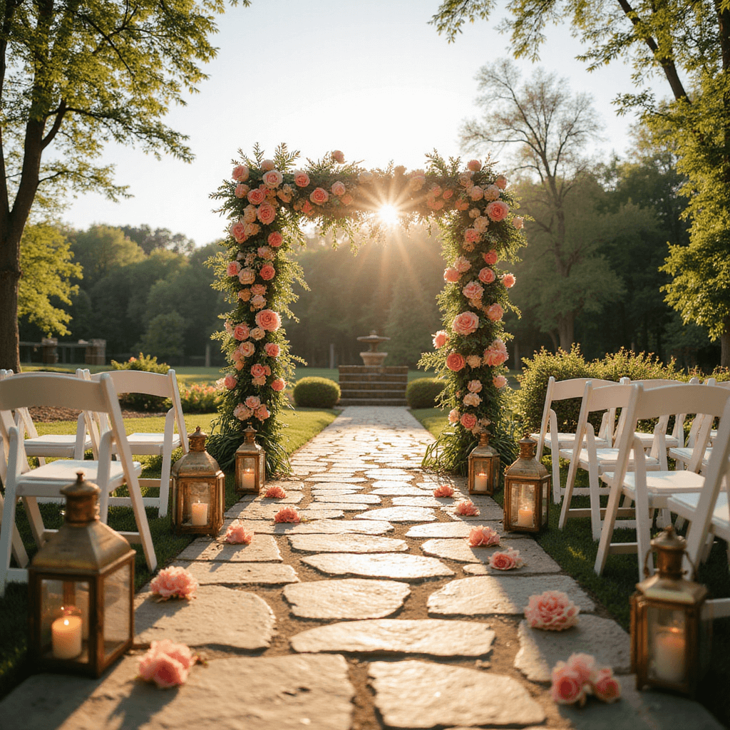 May Wedding Flowers: Your Ultimate Guide to Seasonal Floral Perfection A sunlit garden ceremony setup featuring a weathered stone pathway leading to an elegant floral arch adorned with peonies and garden roses in blush and coral tones, lined with vintage brass lanterns filled with pillar candles, and white wooden chairs decorated with lily of the valley bouquets, captured in soft bokeh with a natural lens flare against a powder blue spring sky.
