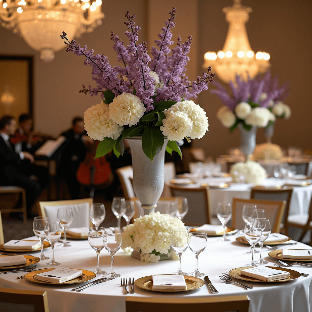 May Wedding Flowers: Your Ultimate Guide to Seasonal Floral Perfection Intimate indoor ballroom reception featuring round tables with ivory silk linens, towering floral arrangements of purple lilac and white hydrangeas in mercury glass, gold-rimmed chargers, and hand-calligraphed place cards, illuminated by crystal chandeliers, with a string quartet in soft focus background.