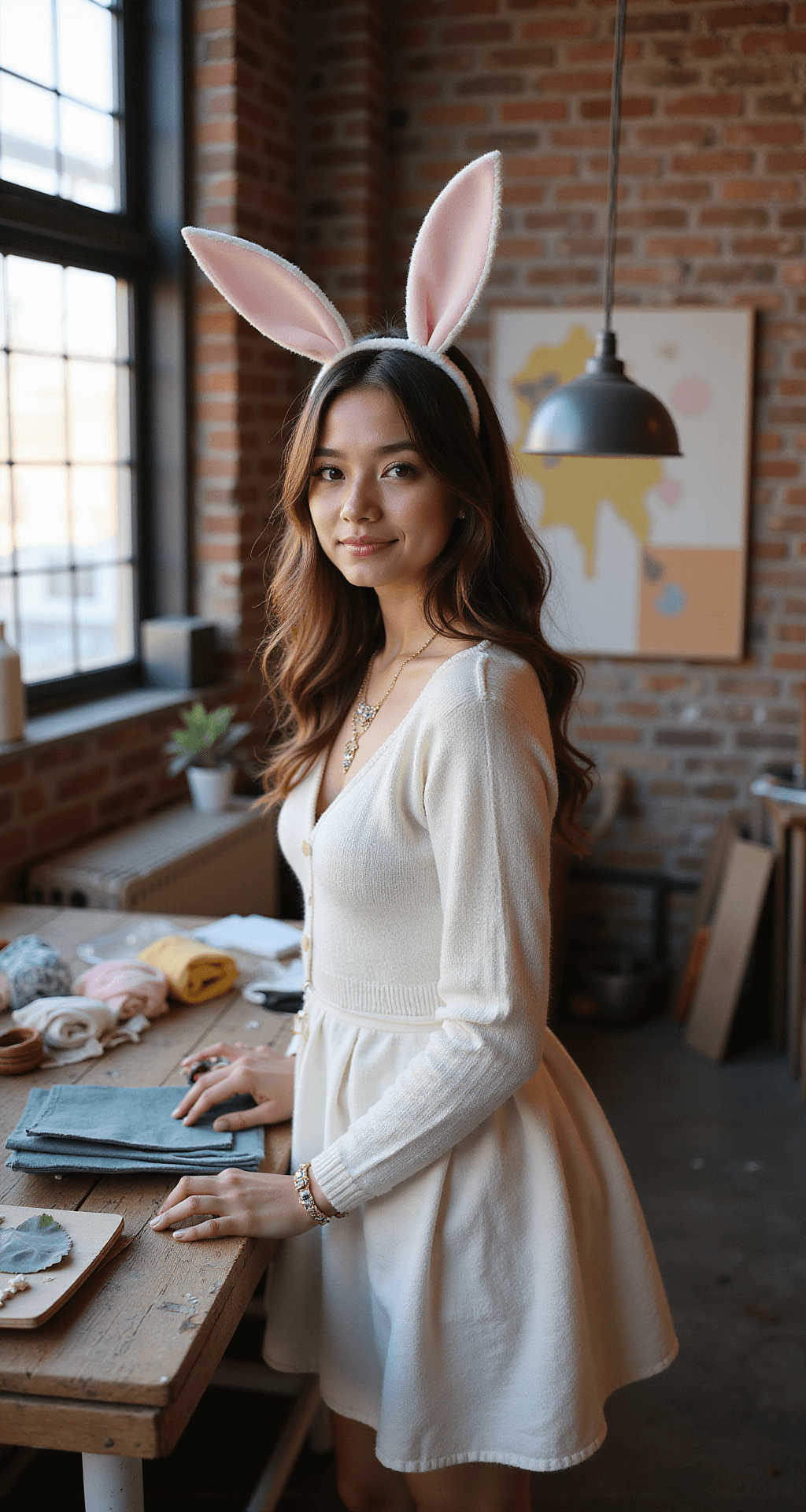 The Ultimate Guide to Rocking a Bunny Halloween Costume (Without Looking Like Everyone Else!) A young woman in a repurposed white sweater dress, adorned with handmade crystal-embellished bunny ears, works on a DIY bunny costume in an industrial-chic studio with exposed brick walls. Surrounded by colorful fabric swatches, craft supplies, and vintage items, she is captured from a side angle, with a mix of natural and warm artificial lighting illuminating the creative process.