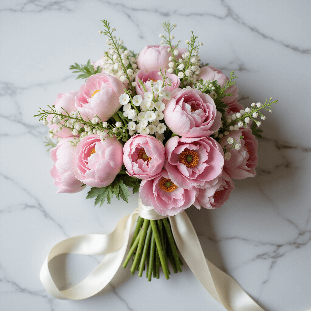 May Wedding Flowers: Your Ultimate Guide to Seasonal Floral Perfection Overhead view of an elegant bridal bouquet featuring pink peonies, sweet peas, and lily of the valley on a marble surface, with silk ribbon and soft natural light highlighting floral textures.