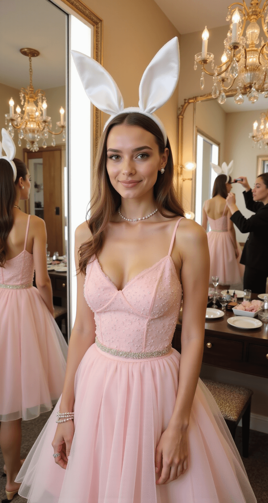 The Ultimate Guide to Rocking a Bunny Halloween Costume (Without Looking Like Everyone Else!) A model in a pastel pink tulle dress and white satin bunny ears poses in an upscale boutique dressing room with champagne-colored walls and vintage chandeliers, surrounded by mirror reflections and soft lighting, while close-up details of makeup are visible in the vanity mirror.