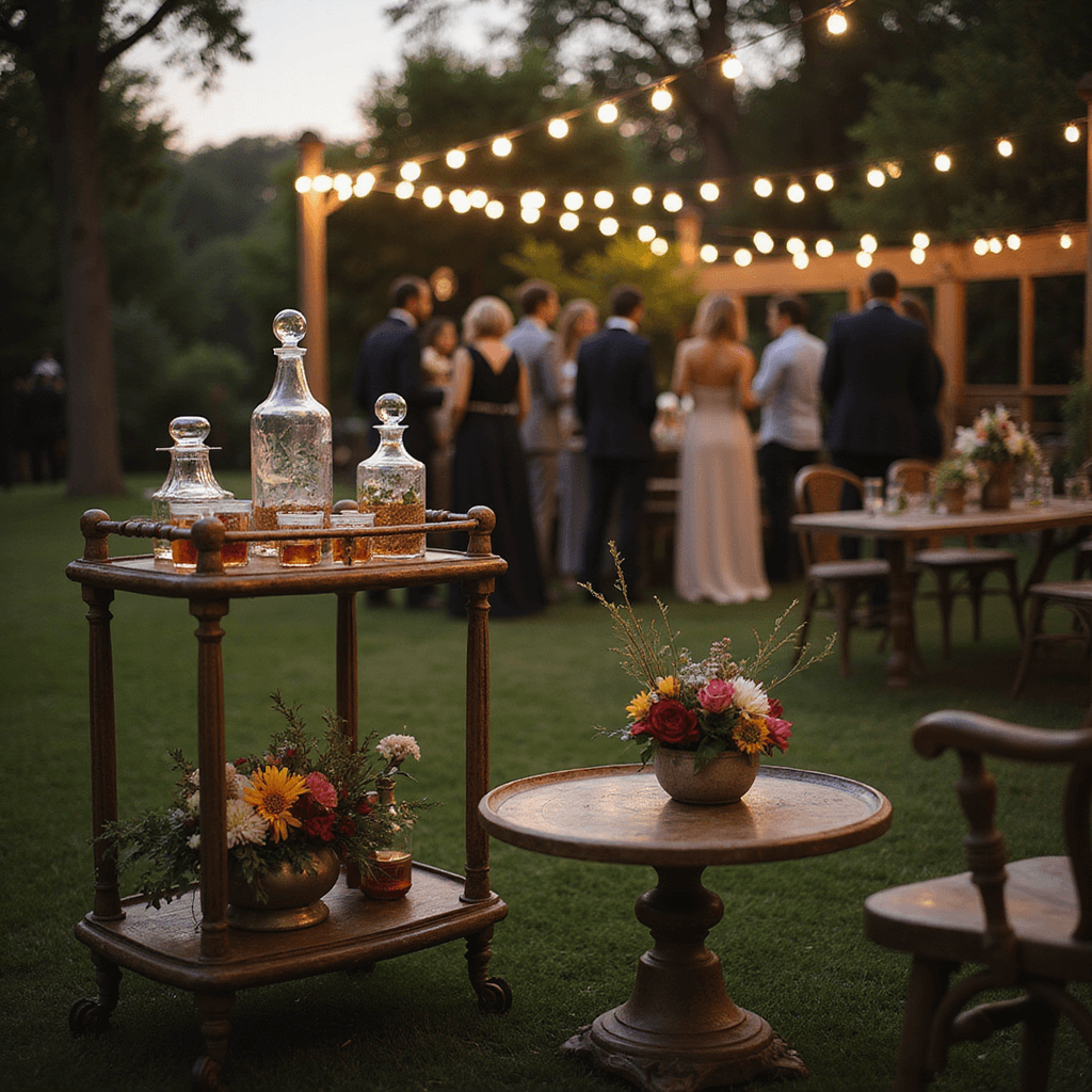 May Wedding Flowers: Your Ultimate Guide to Seasonal Floral Perfection A vintage bar cart adorned with crystal decanters and fresh herbs sets the scene for a garden cocktail hour at dusk, with string lights creating a bokeh effect above. In the foreground, low tables display small floral arrangements in mixed metallic vases, while guests mingle softly in the blurred background, all under a warm, moody evening atmosphere.