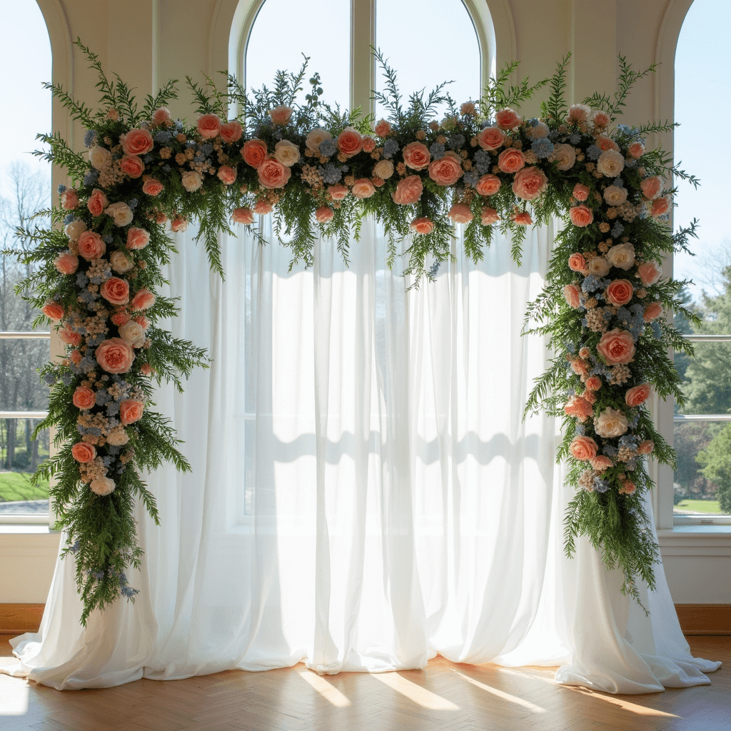 May Wedding Flowers: Your Ultimate Guide to Seasonal Floral Perfection Close-up of an asymmetrical ceremony backdrop featuring climbing delphinium spires in powder blue, coral charm peonies, and cascading greenery against white sheer drapery, with natural sunlight creating an ethereal glow.