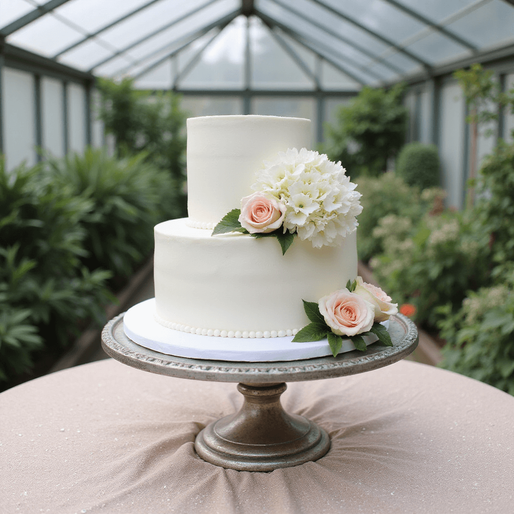 May Wedding Flowers: Your Ultimate Guide to Seasonal Floral Perfection Wedding cake display featuring a three-tier white cake adorned with fresh white hydrangeas and blush garden roses, presented on an antique silver cake stand atop a round table draped in champagne sequins, all set in a conservatory with a glass roof that floods the scene with natural light.