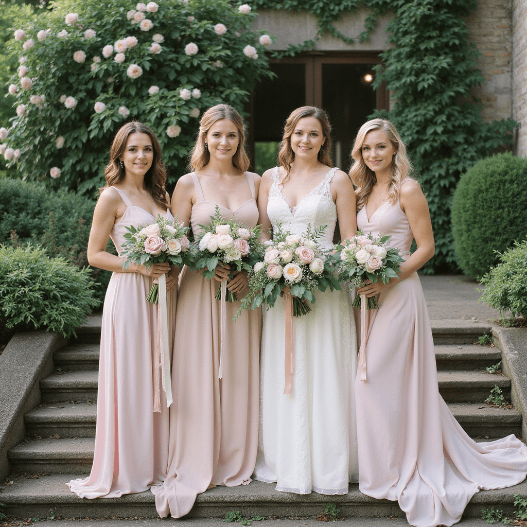 May Wedding Flowers: Your Ultimate Guide to Seasonal Floral Perfection Bridal party in an English garden, featuring bridesmaids in pastel gowns with loose bouquets of seasonal flowers, including peonies and sweet peas, against a backdrop of climbing roses on stone steps, captured in soft late afternoon light.