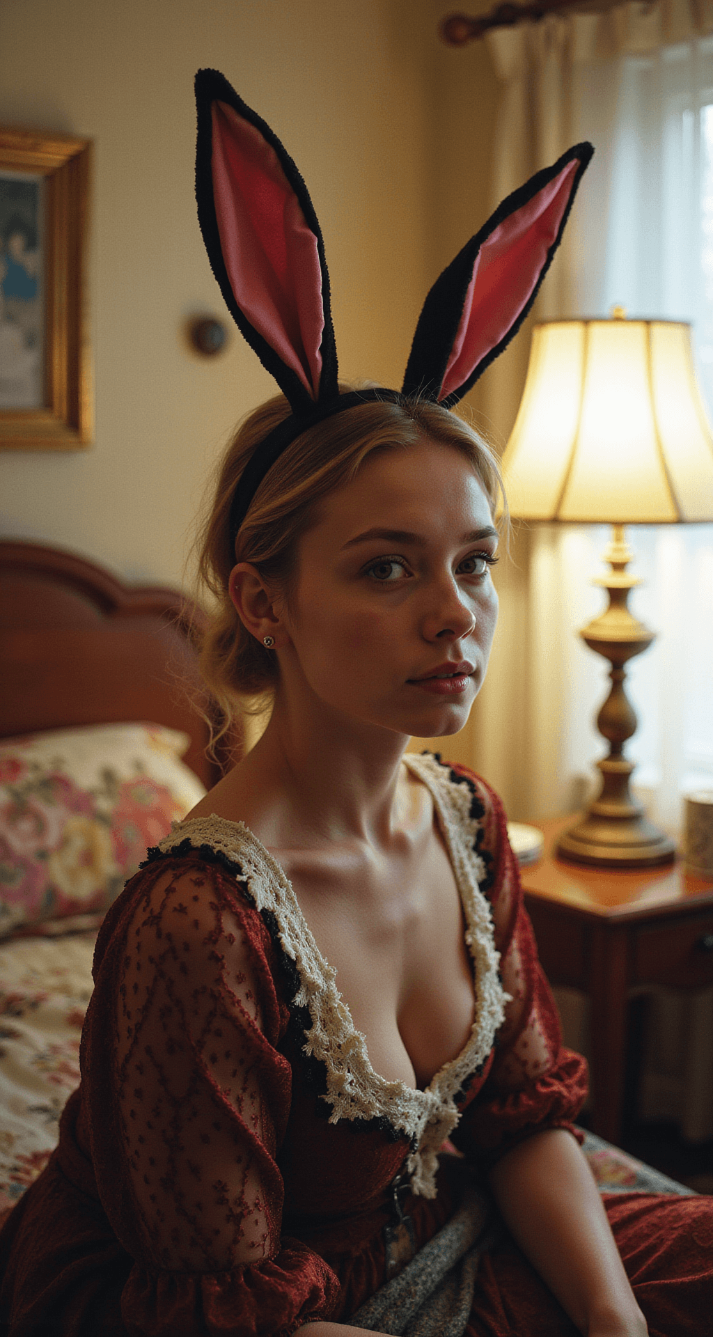 The Ultimate Guide to Rocking a Bunny Halloween Costume (Without Looking Like Everyone Else!) A vintage-inspired bedroom with bohemian decor features a fashion student working on a budget-friendly bunny costume made from thrifted materials. The costume incorporates various textures like velvet, lace, and silk, with hand-painted DIY ears adorned with repurposed jewelry. The warm glow of a lamp contrasts with the cool light from a window, creating a cozy atmosphere, while a shallow depth of field emphasizes the creative details of the project.