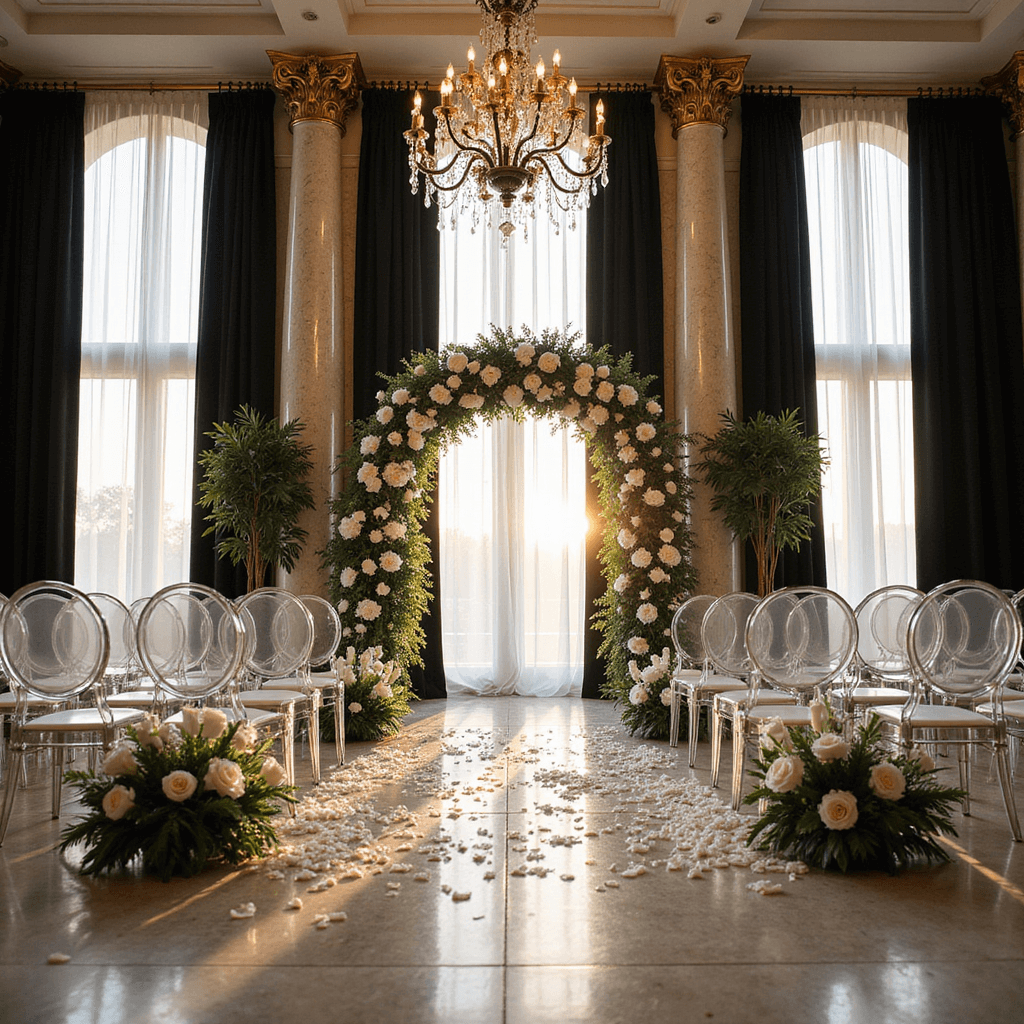 Black and White Wedding Flowers: Timeless Elegance for Your Special Day A grand ballroom ceremony setup with a towering black and white floral arch, featuring white anemones and black calla lilies against marble columns. Crystal chandeliers illuminate ghost chairs adorned with white silk ribbons, while black velvet draping frames the windows and scattered white rose petals create an aisle runner, all captured during golden hour.