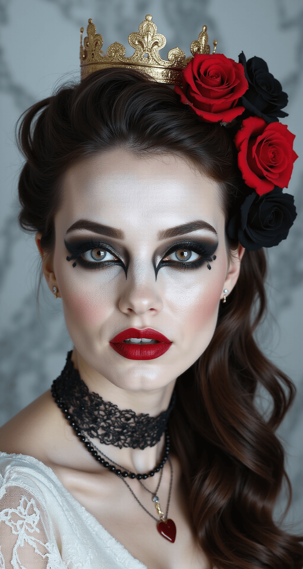The Ultimate Queen of Hearts Halloween Costume Close-up of a model in a makeup studio showcasing Queen of Hearts inspired makeup, featuring a porcelain complexion, dramatic black winged eyeliner, and heart-shaped red lips, with a crown and black-and-red rose-updo, illuminated by diffused beauty lighting.