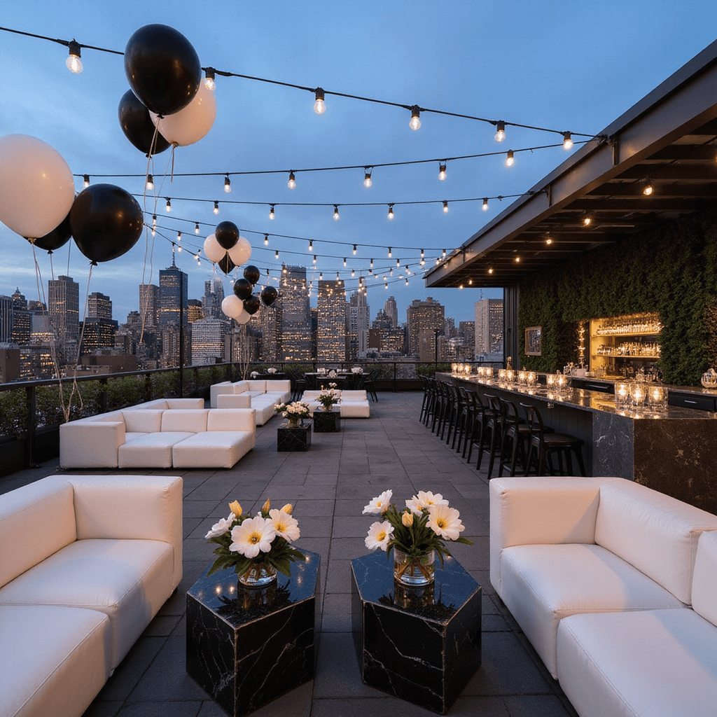 Black and White Wedding Flowers: Timeless Elegance for Your Special Day A panoramic view of a modern rooftop cocktail setup at dusk, featuring clusters of black and white floating balloons, a Manhattan skyline backdrop, white leather lounge furniture, black marble cocktail tables with geometric vases of white calla lilies and dark foliage, criss-crossed string lights overhead, and mirror-topped bars adorned with dramatic black floral installations.