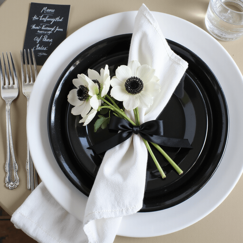 Black and White Wedding Flowers: Timeless Elegance for Your Special Day Overhead flat lay of an elegant dining setup featuring black stoneware plates on a white charger, adorned with a white linen napkin and a black satin ribbon. A handwritten menu on heavyweight black paper with white ink is positioned nearby, alongside fresh white anemones with black centers and vintage silver cutlery, all illuminated by natural light.