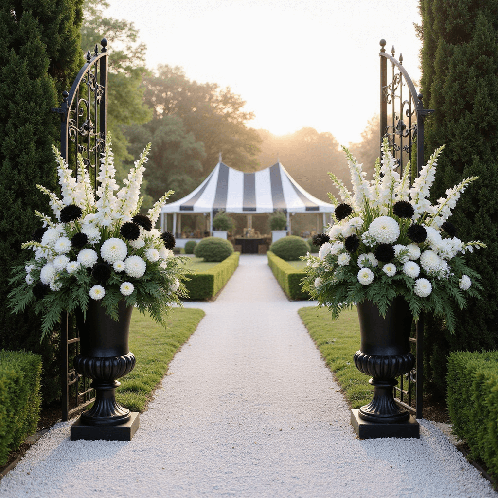 Black and White Wedding Flowers: Timeless Elegance for Your Special Day A cinematic wide shot of a garden ceremony entrance featuring two tall black urns filled with white delphinium, black dahlias, and cascading amaranthus, set beside vintage iron gates. A white gravel path winds through neatly trimmed hedges towards a distant black and white striped tent, with morning fog creating an ethereal atmosphere and diffusing the golden sunrise light.