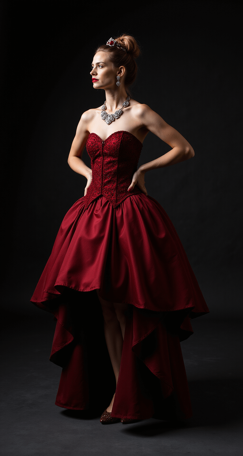The Ultimate Queen of Hearts Halloween Costume Full-length portrait of the Queen of Hearts ensemble featuring a multilayered petticoat, statement jewelry glimmering in dramatic chiaroscuro lighting, and comfortable regal shoes, set against a dark backdrop.