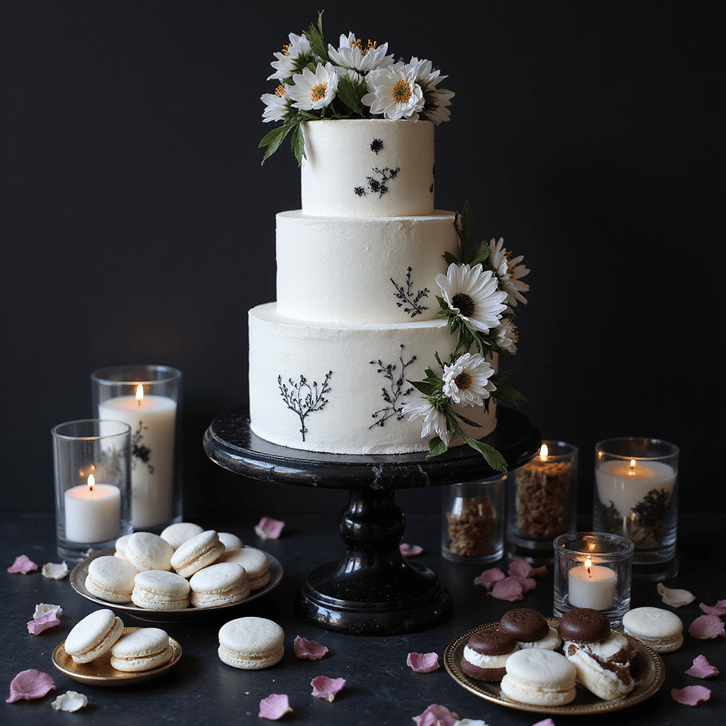 Black and White Wedding Flowers: Timeless Elegance for Your Special Day A moody editorial-style dessert display featuring a three-tier white cake with black hand-painted details on a black marble stand, surrounded by white macarons, dark chocolate truffles, and mini pavlovas, with fresh black and white anemones cascading down the cake, along with mercury glass votives and scattered rose petals for romantic ambient lighting.