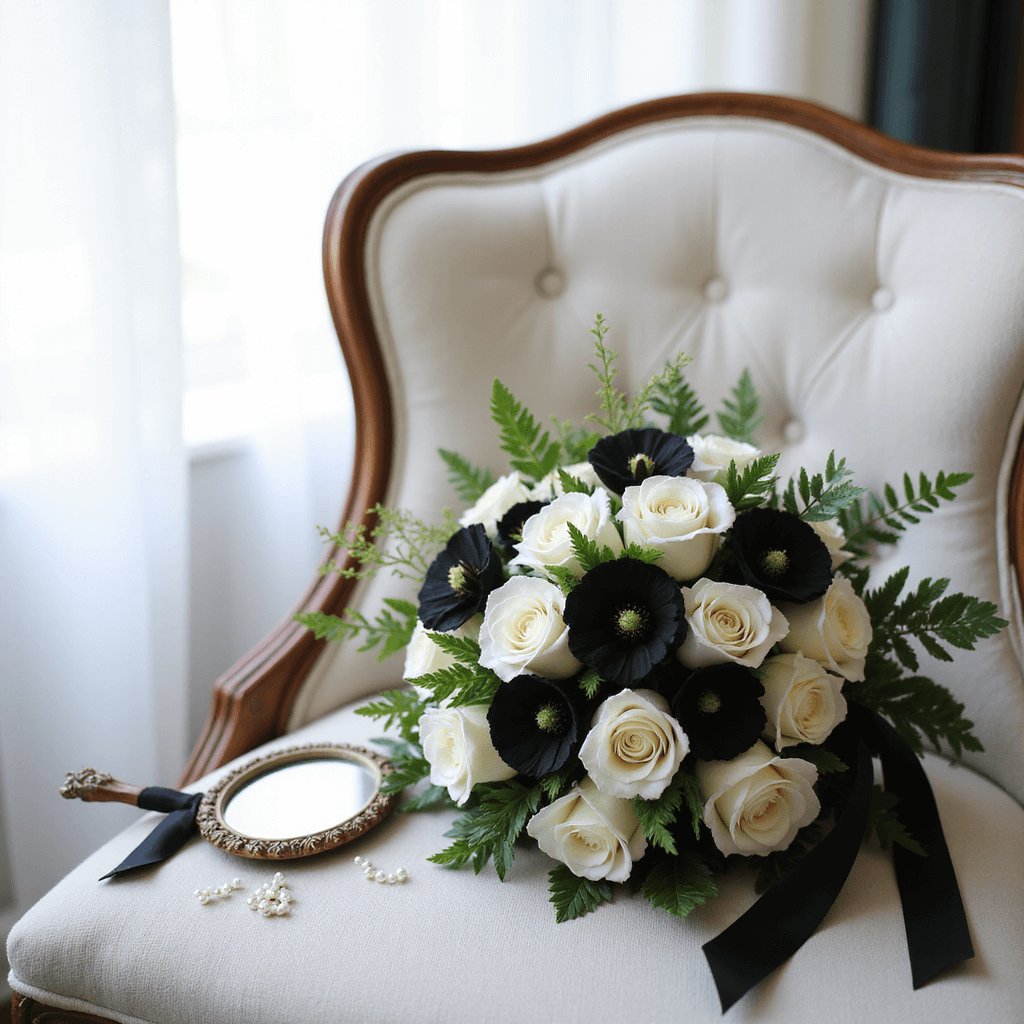 Black and White Wedding Flowers: Timeless Elegance for Your Special Day A structured bridal bouquet featuring white garden roses, black calla lilies, and anemones on a white velvet chair, surrounded by black silk ribbons, a vintage hand mirror, pearl hairpins, and an embroidered veil, all softly illuminated through sheer drapery in morning light.