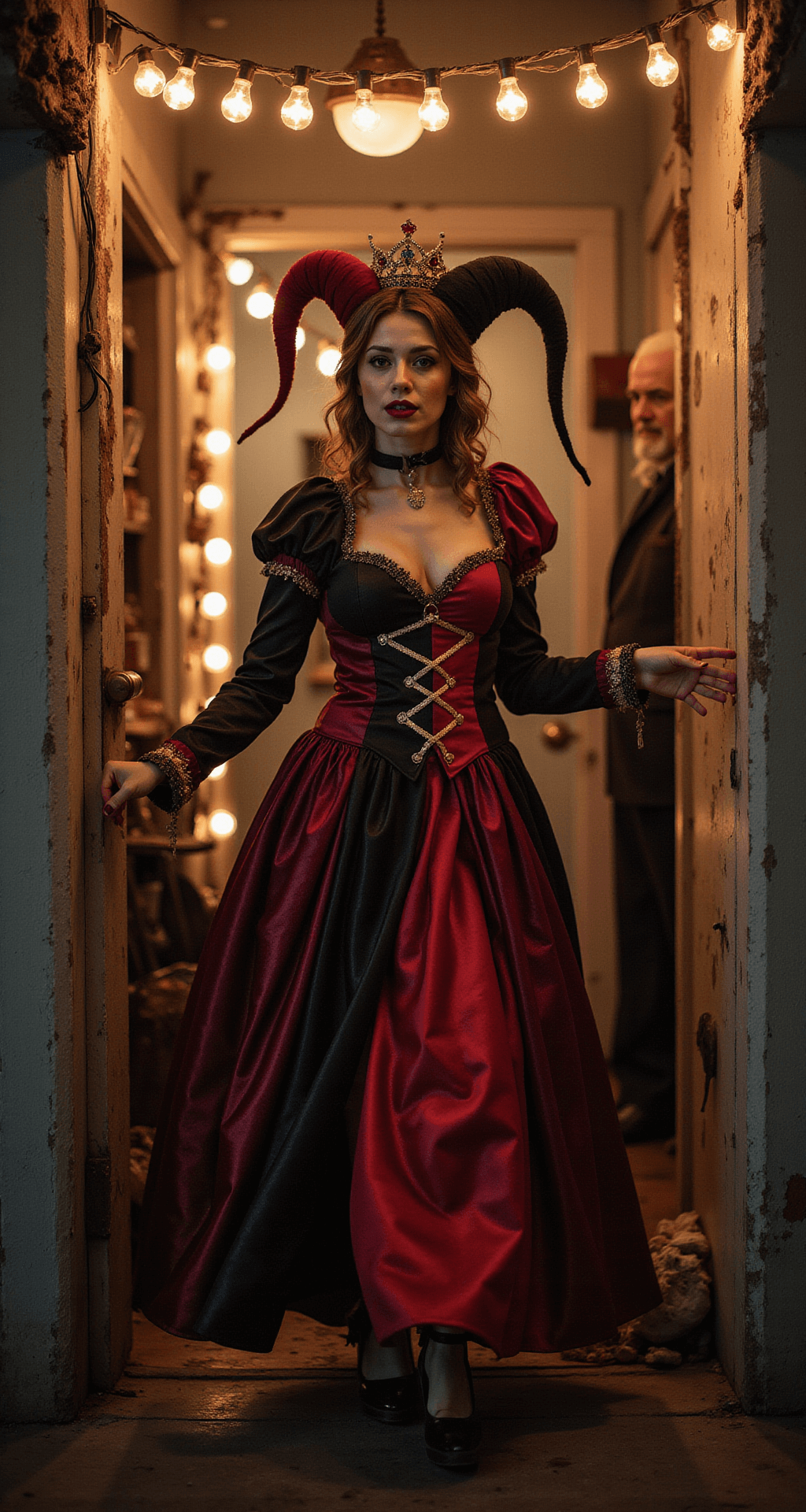 The Ultimate Queen of Hearts Halloween Costume A dynamic Halloween party entrance scene illuminated by vintage string lights, featuring a person in a Queen of Hearts costume with a flowing dress and flawless makeup, exuding theatrical drama. The scene includes themed props and interactive costume details, captured with a wide-angle lens to emphasize the lively atmosphere.