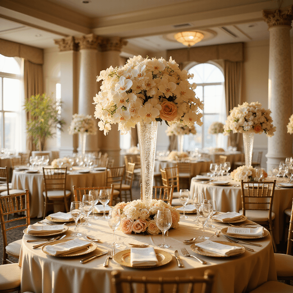 Wedding Reception Floral Centerpieces: The Ultimate Creative Guide Luxurious wedding reception in a grand ballroom during golden hour, featuring tall crystal centerpieces with white orchids and blush roses, round tables with champagne silk linens and gold-rimmed chargers, soft uplighting, and sheer ivory drapes framing large windows, captured from an elevated angle.