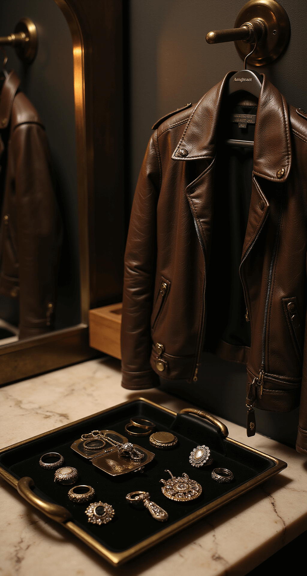 A Guide to Nailing Your Katherine Pierce Halloween Costume Dimly lit boutique dressing room featuring a leather jacket hanging on an elegant hook, with ornate rings, Victorian-style bracelets, and a vintage locket on a black velvet tray below; warm spotlight highlights the jacket's texture against marble floors and brass fixtures.